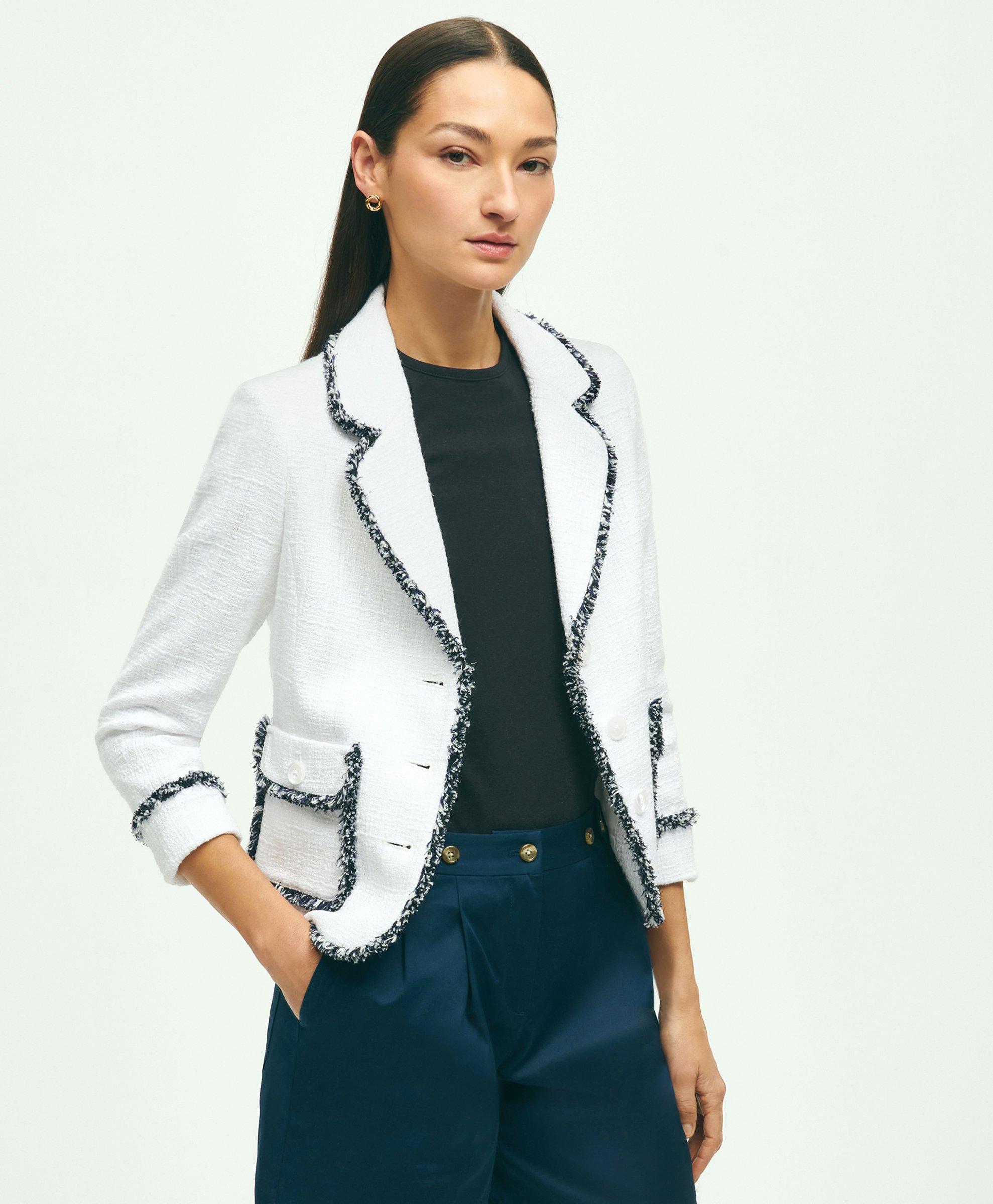 Cotton Blend Boucle Contrast Fringe Jacket