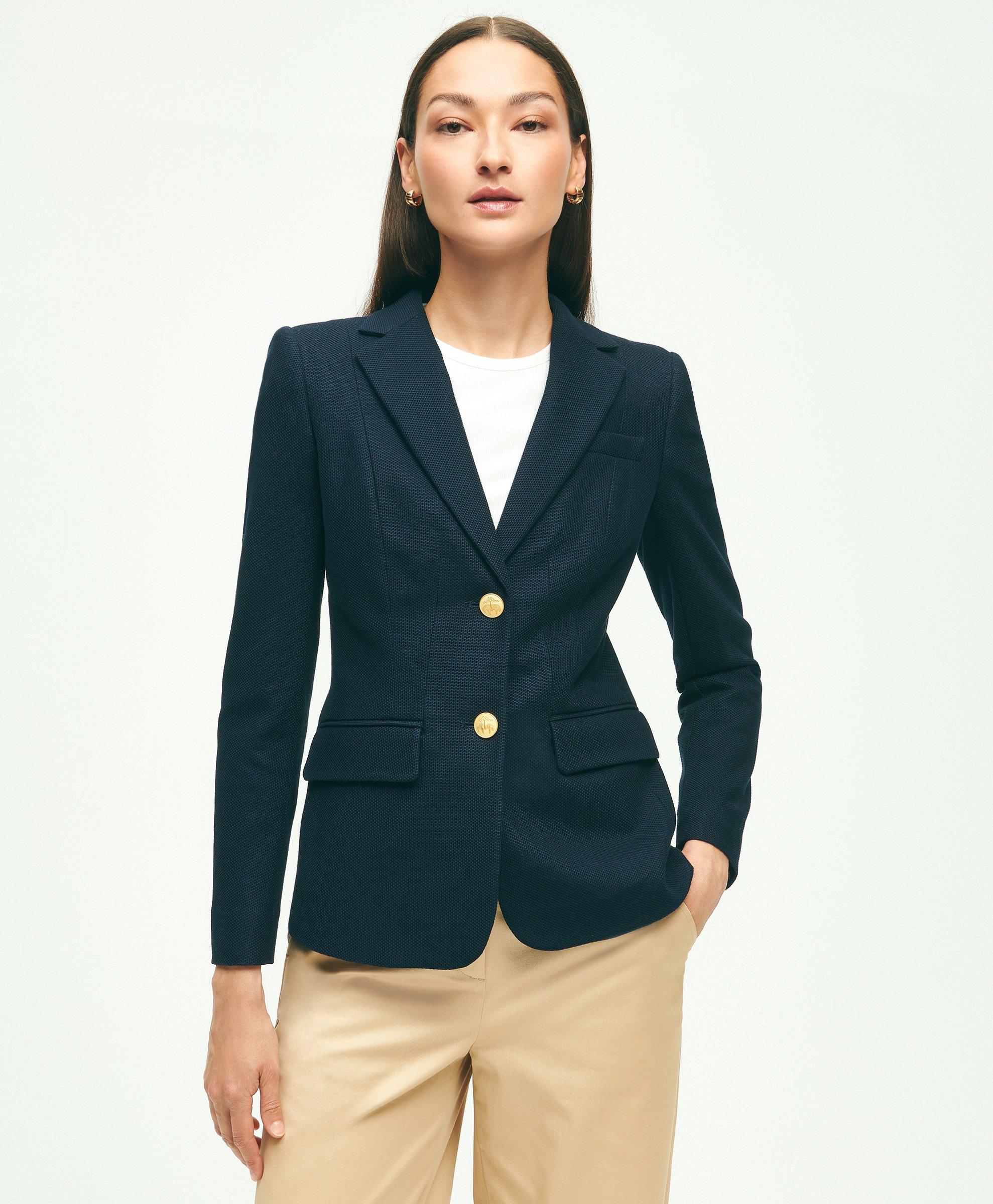 Women's Navy Blazer, White Crew-neck Sweater, Navy Dress Pants, White  Leather Oxford Shoes