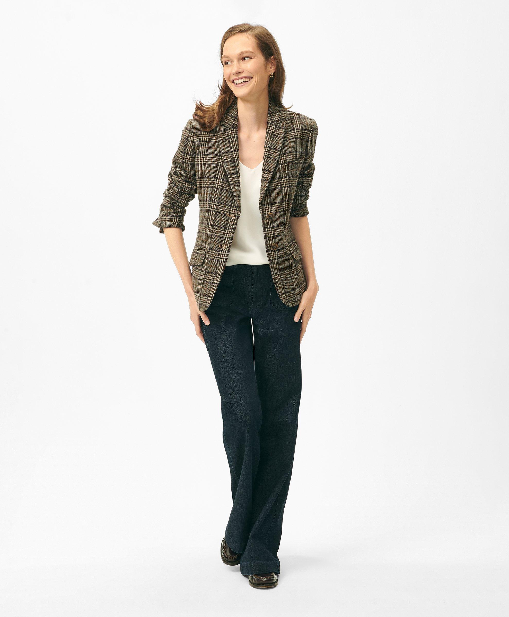 Brooks Brothers Peak Lapel Jacket In Glen Plaid Wool In Beige