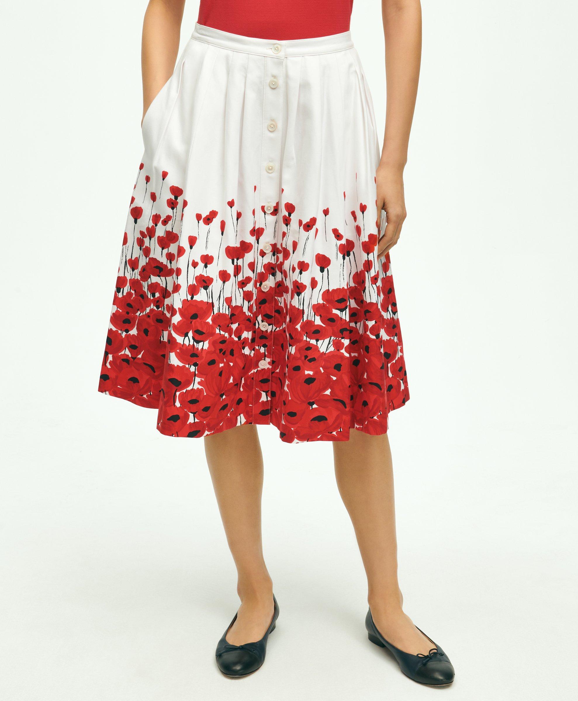 Stretch Cotton Poppy Print Flare Skirt 