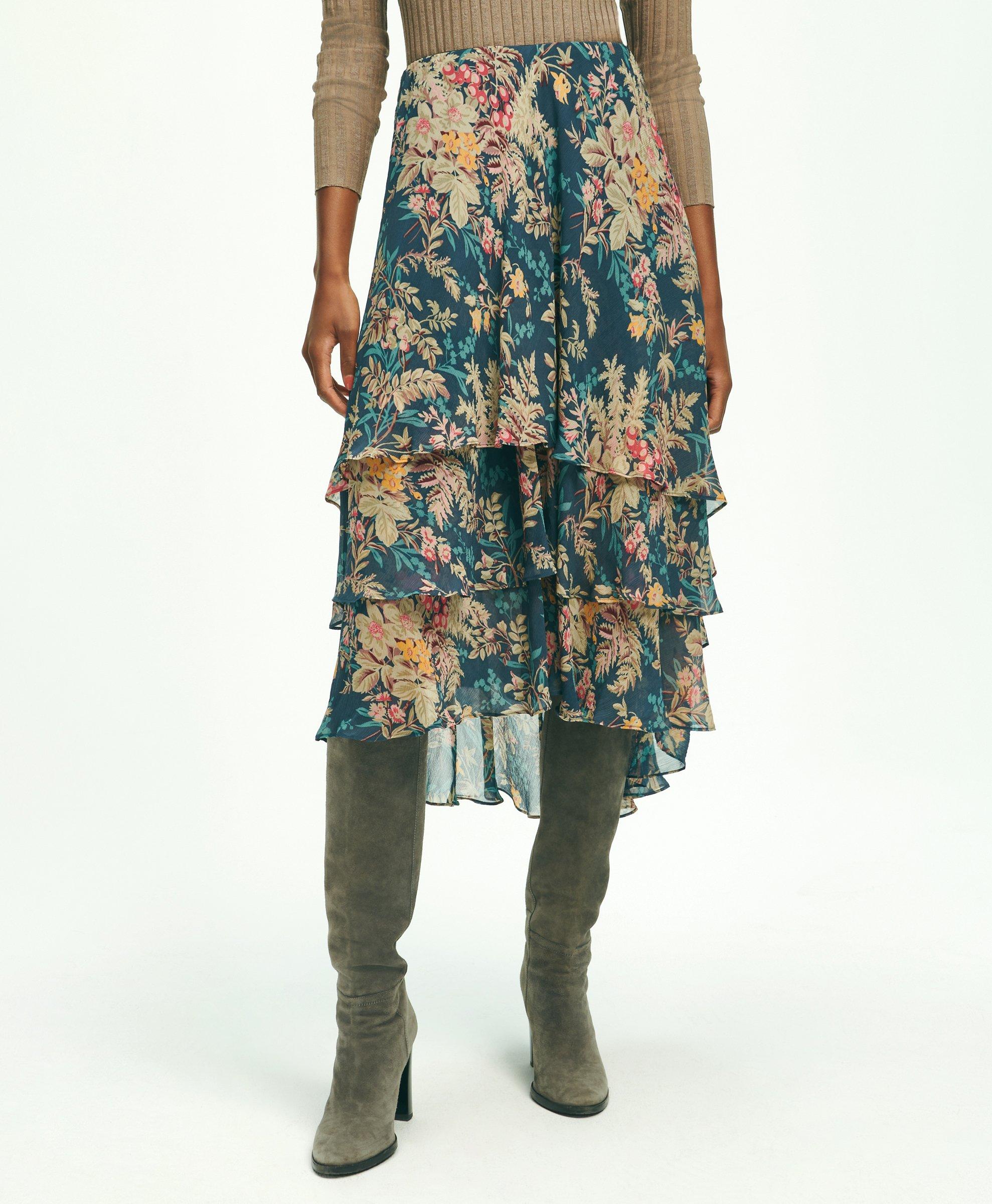 Chiffon Fern Print Tiered A Line Skirt