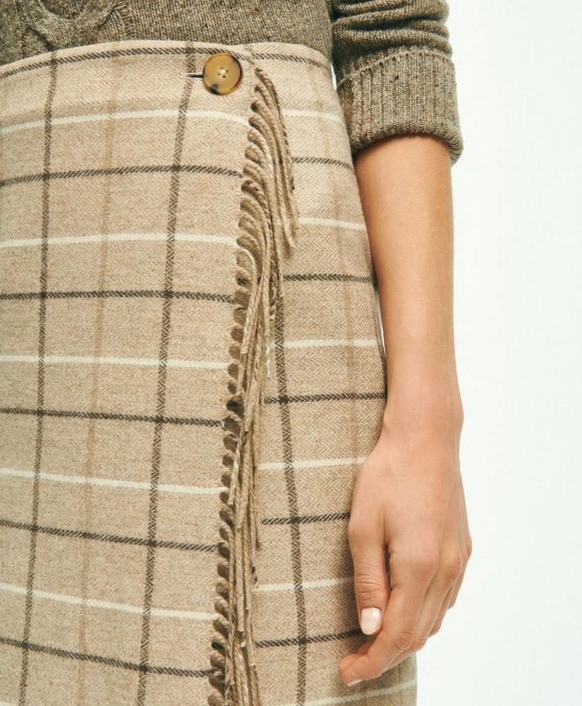 Wool Blend Windowpane Fringed Wrap Skirt, image 4