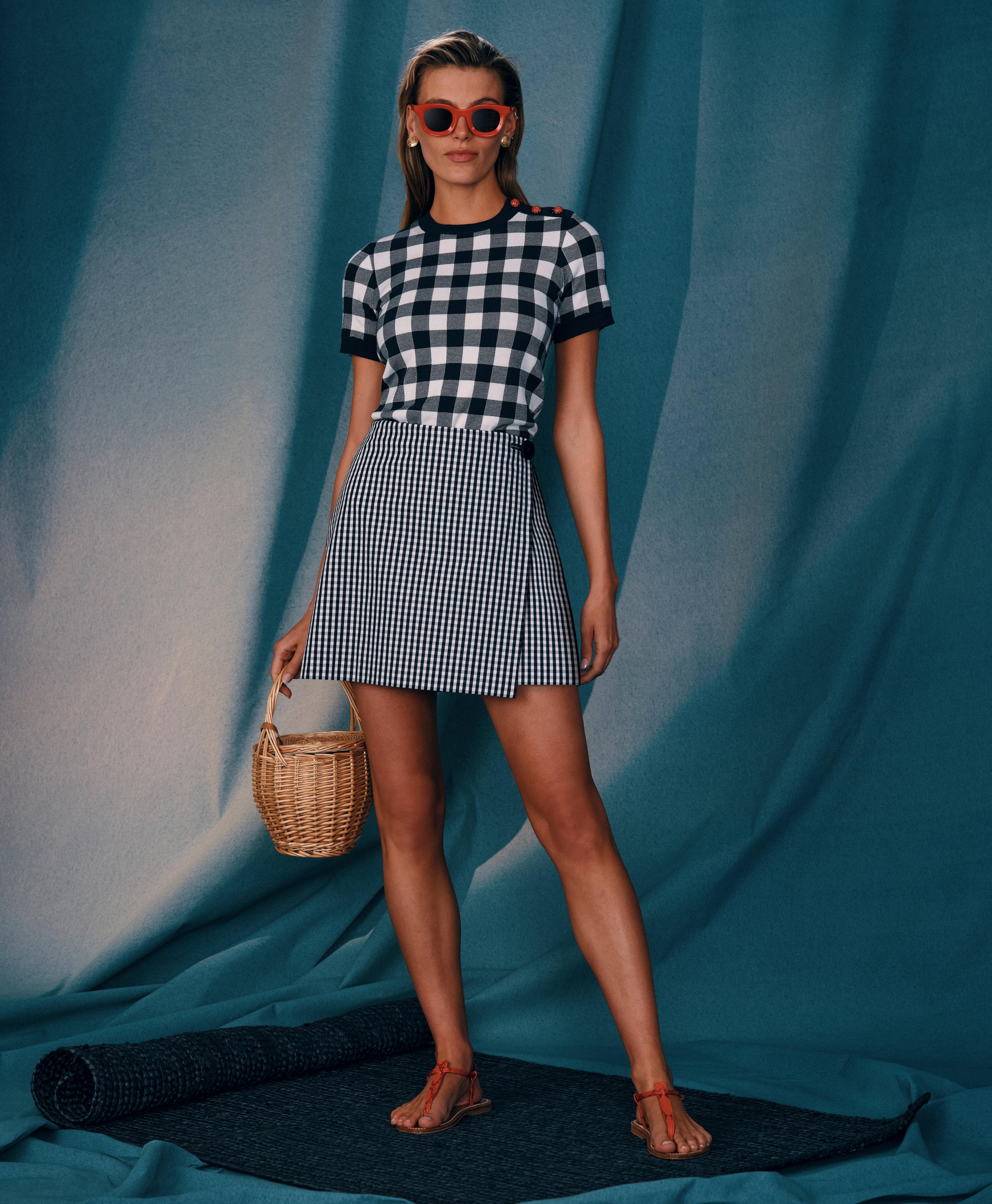 Gingham Wrap Skirt In Bi-Stretch Cotton Twill