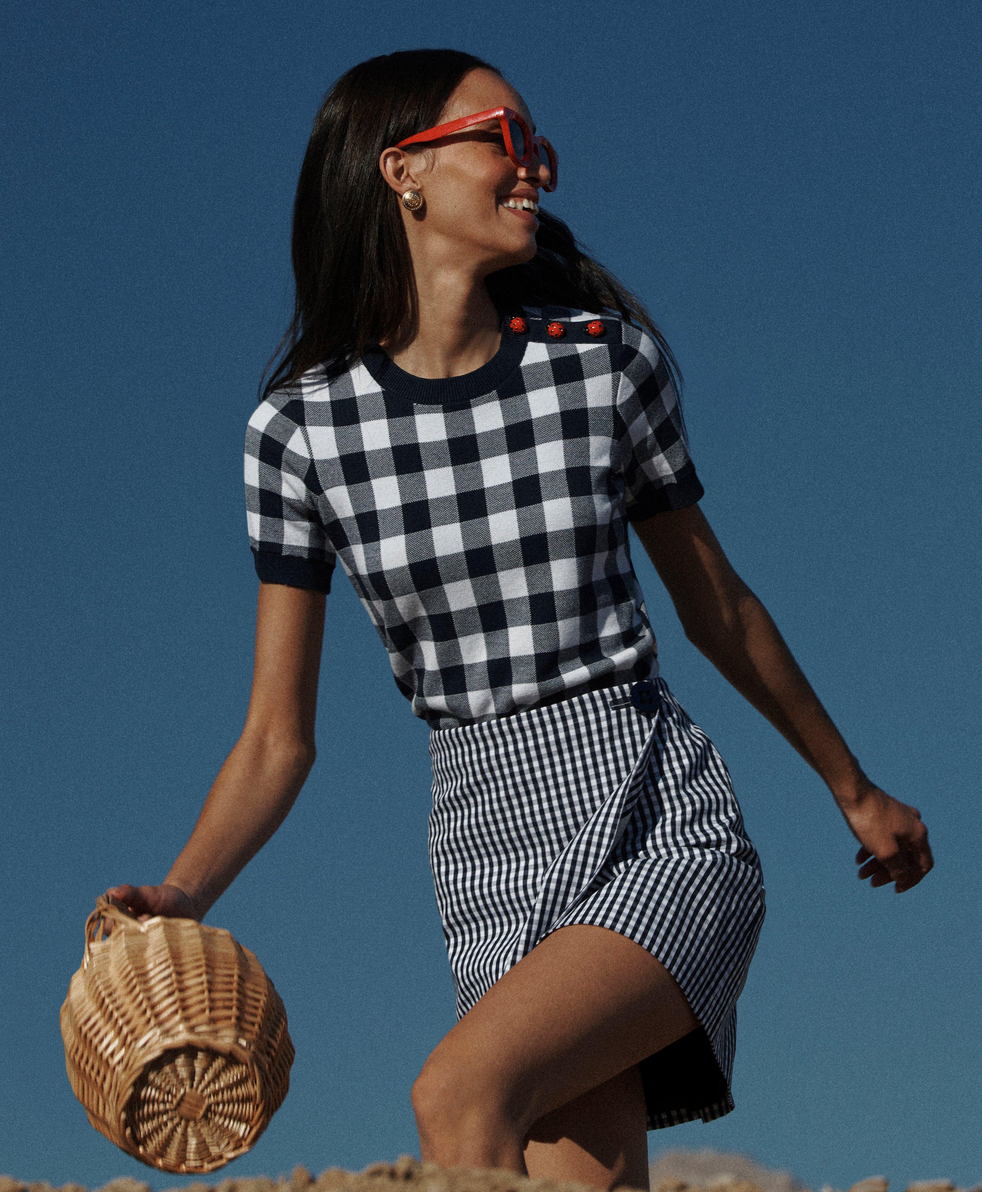 Gingham Wrap Skirt In Bi-Stretch Cotton Twill