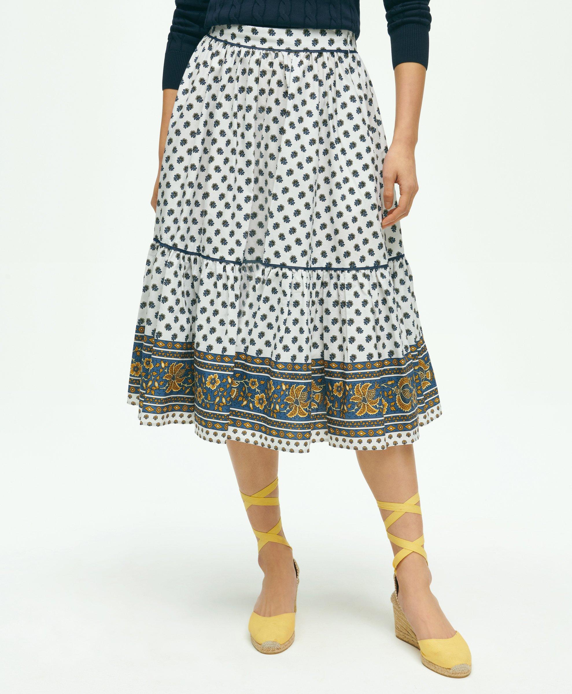 Floral Paisley A Line Tiered Skirt In Cotton