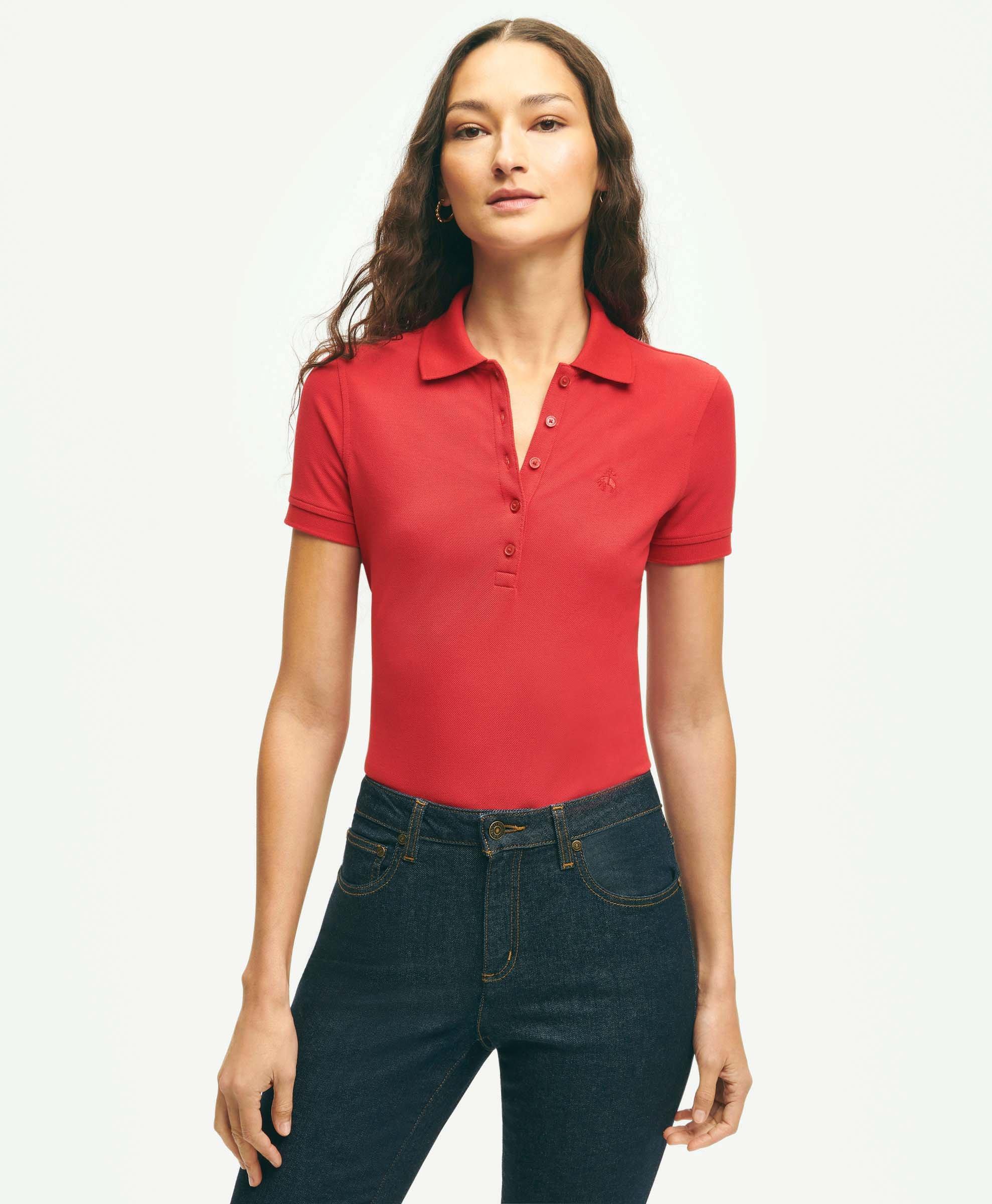 Brooks Brothers Women's Supima Cotton Stretch Pique Polo Shirt | Bright Red | Size Large