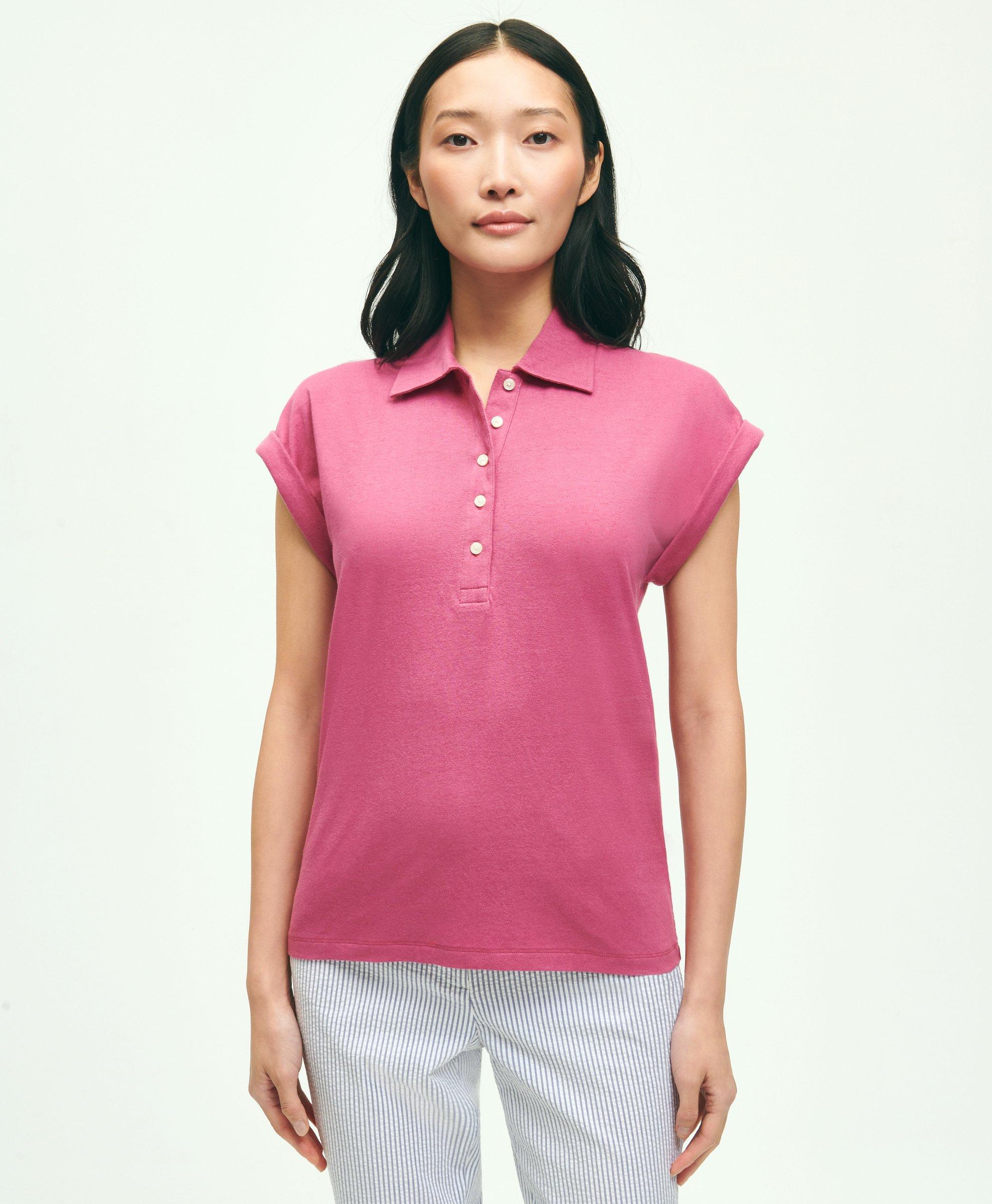 Linen-Cotton Blend Cap-Sleeve Polo Shirt