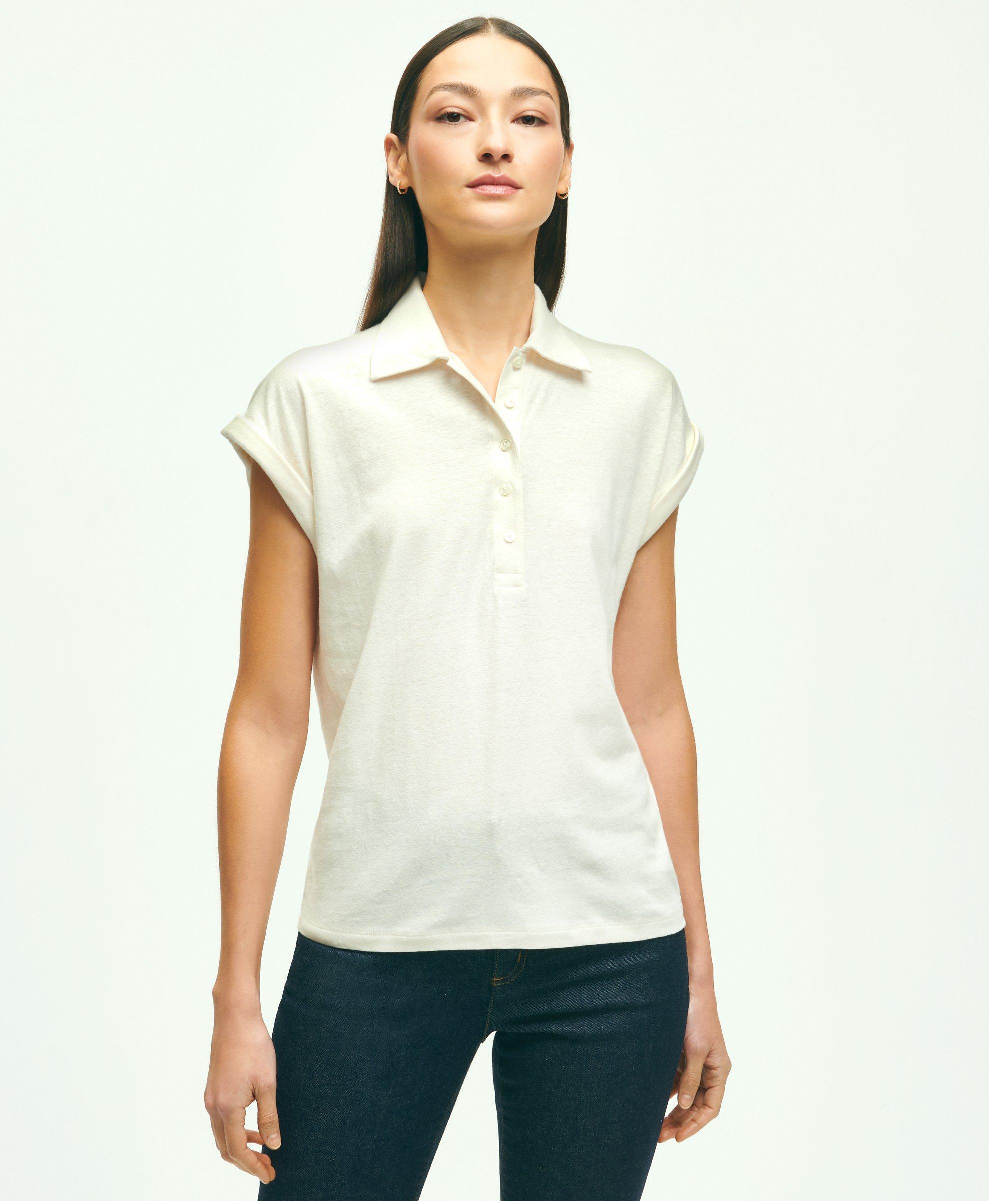 Linen-Cotton Blend Cap-Sleeve Polo Shirt, image 1