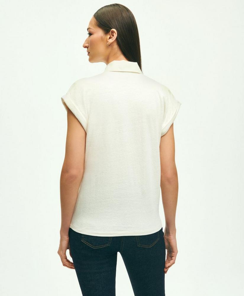 Linen-Cotton Blend Cap-Sleeve Polo Shirt, image 2