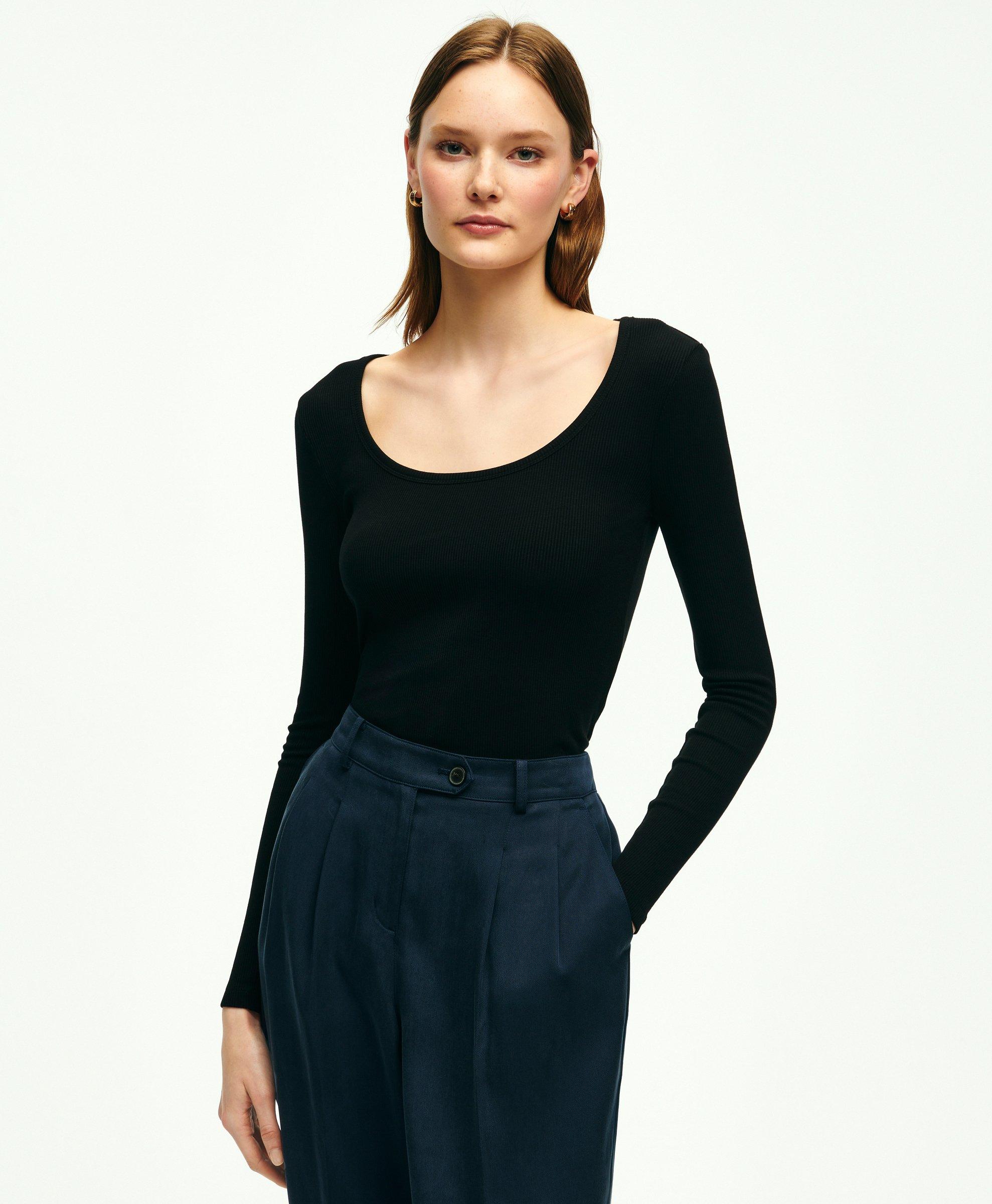 Long Sleeve Jersey Ribbed Scoop Neck Top, image 1