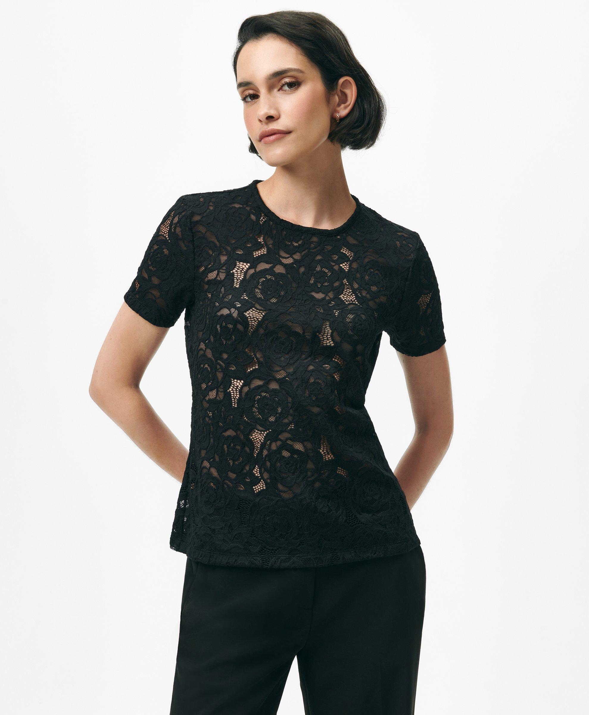 Brooks Brothers Semi-sheer Short-sleeve Top In Floral Lace In Black
