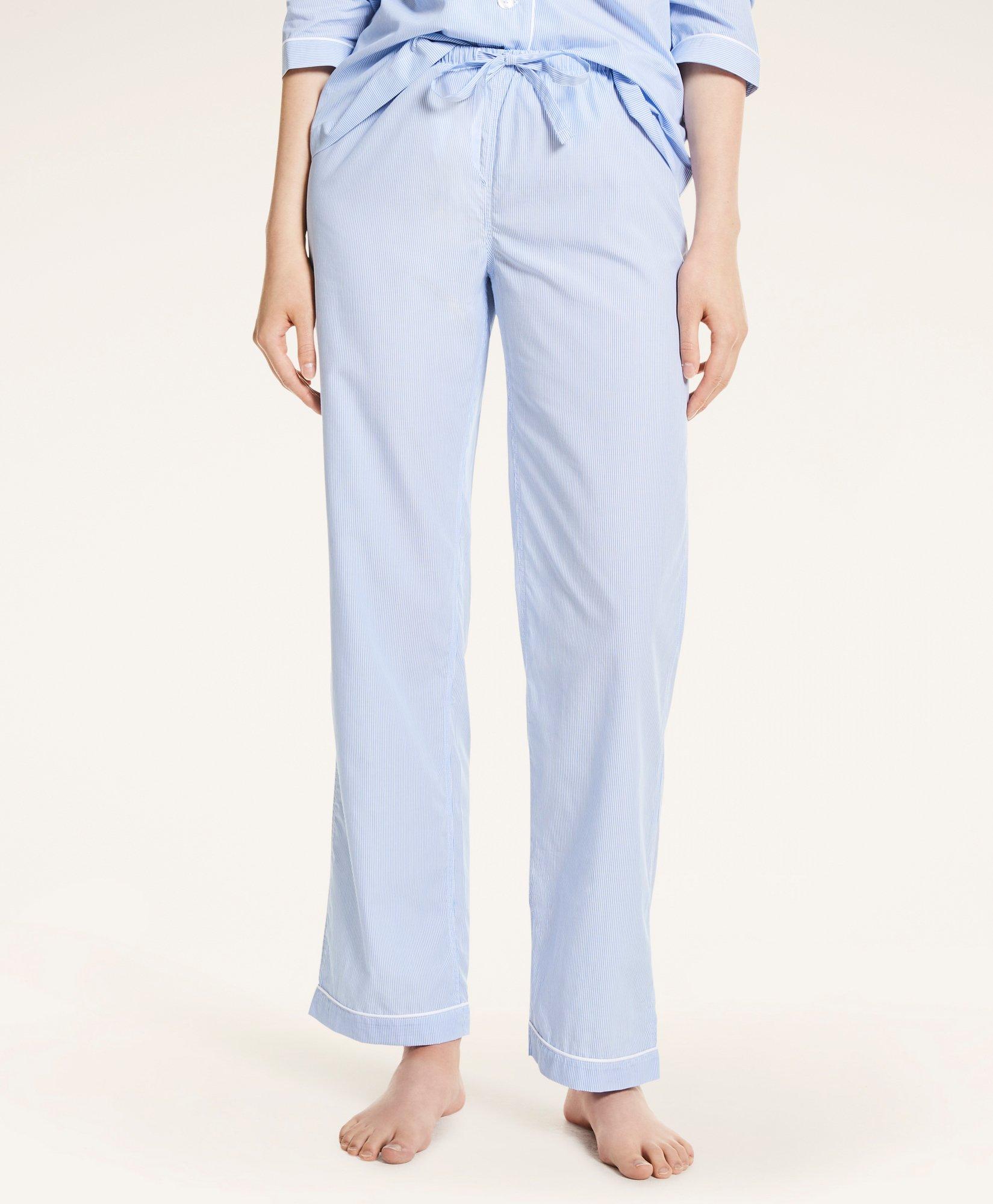 Women's 100% Cotton Woven Poplin Sleep Pajama Pants, Blue White Stripe,  Large 