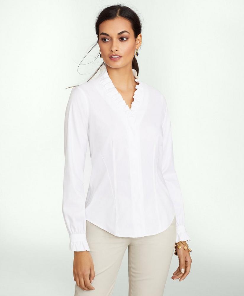Fitted Non-Iron Stretch Supima® Cotton Ruffle Dress Shirt, image 1