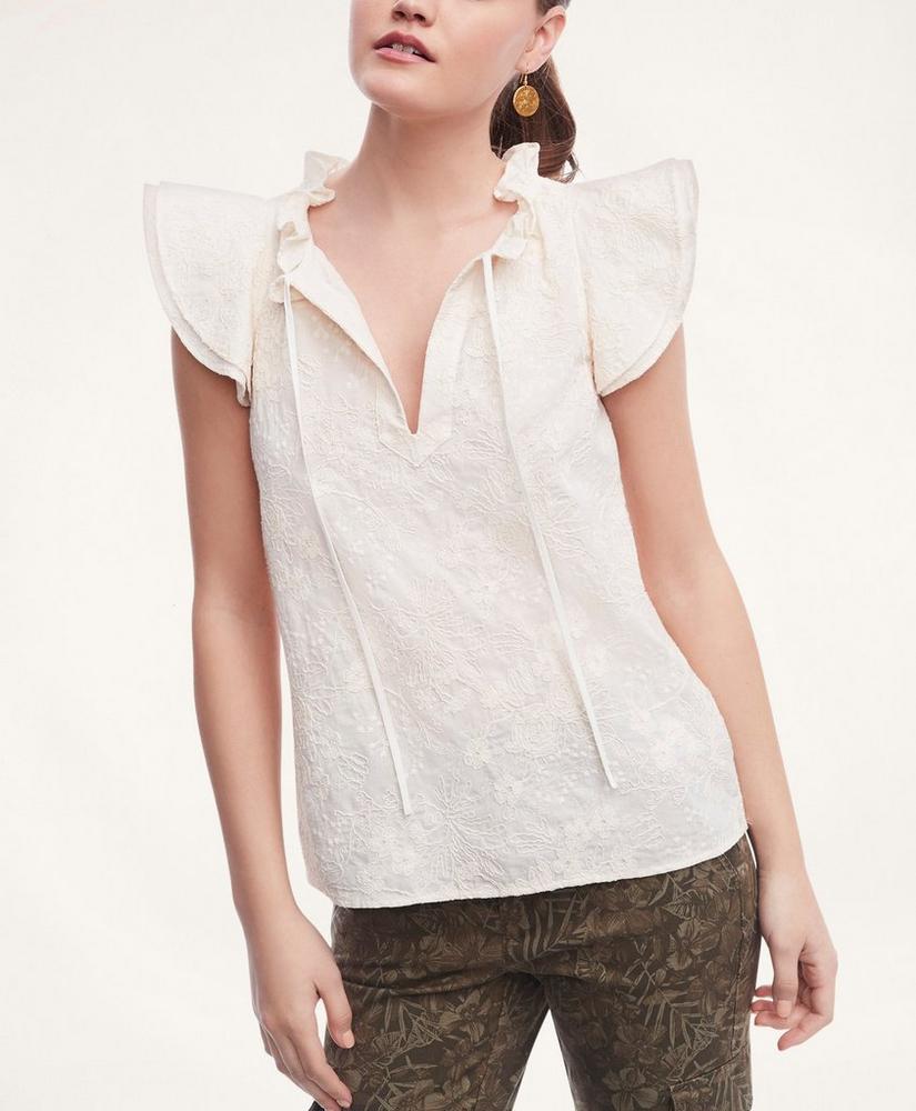Cotton Embroidered Flutter Sleeve Blouse, image 1