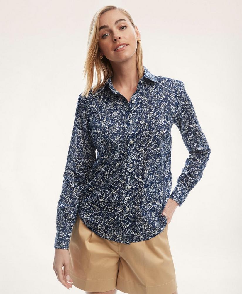 Classic-Fit Indigo Cotton Linen Floral Shirt, image 1