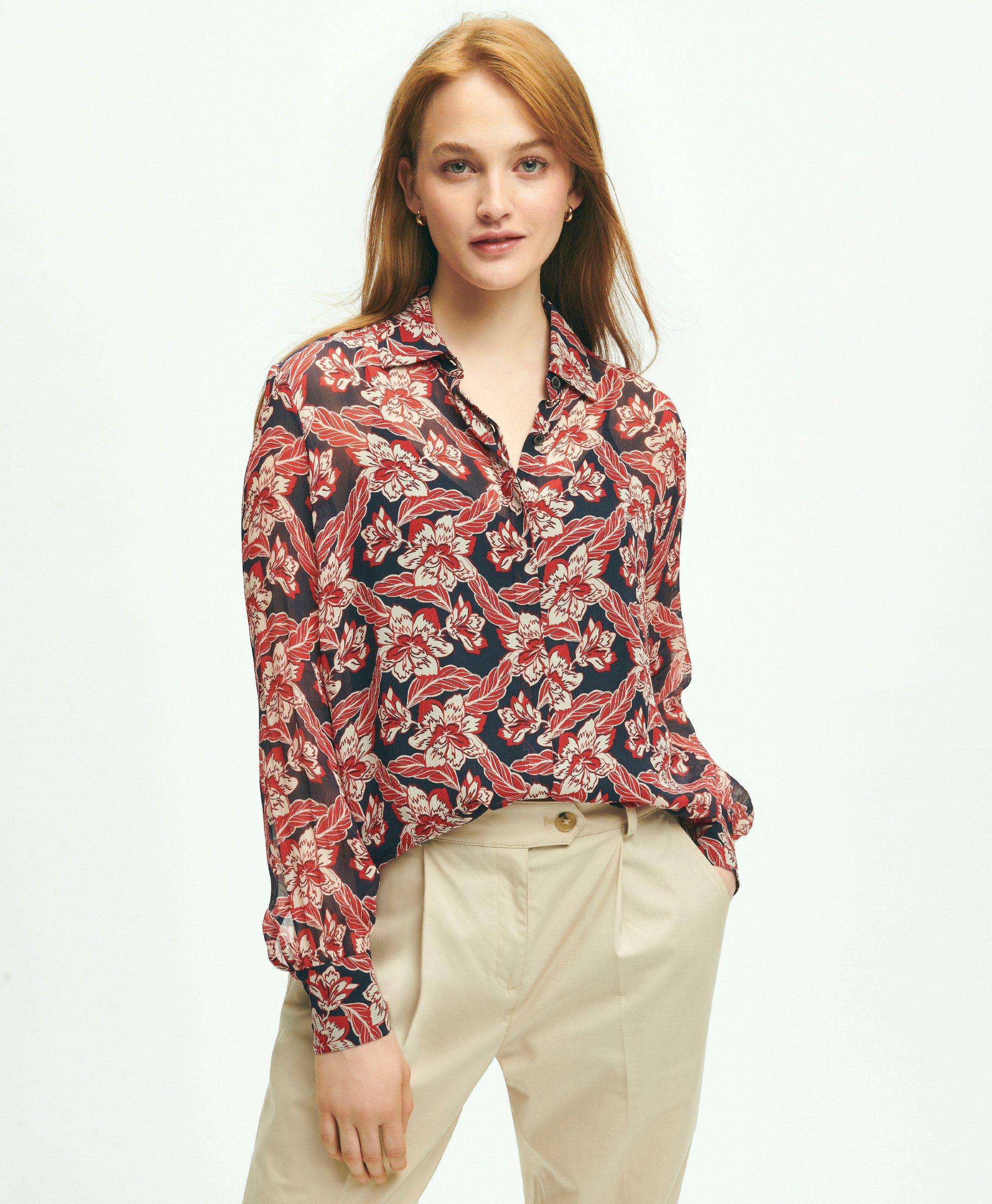 Women's Green & Pink Floral Print Semi Fitted Cotton Stretch Shirt