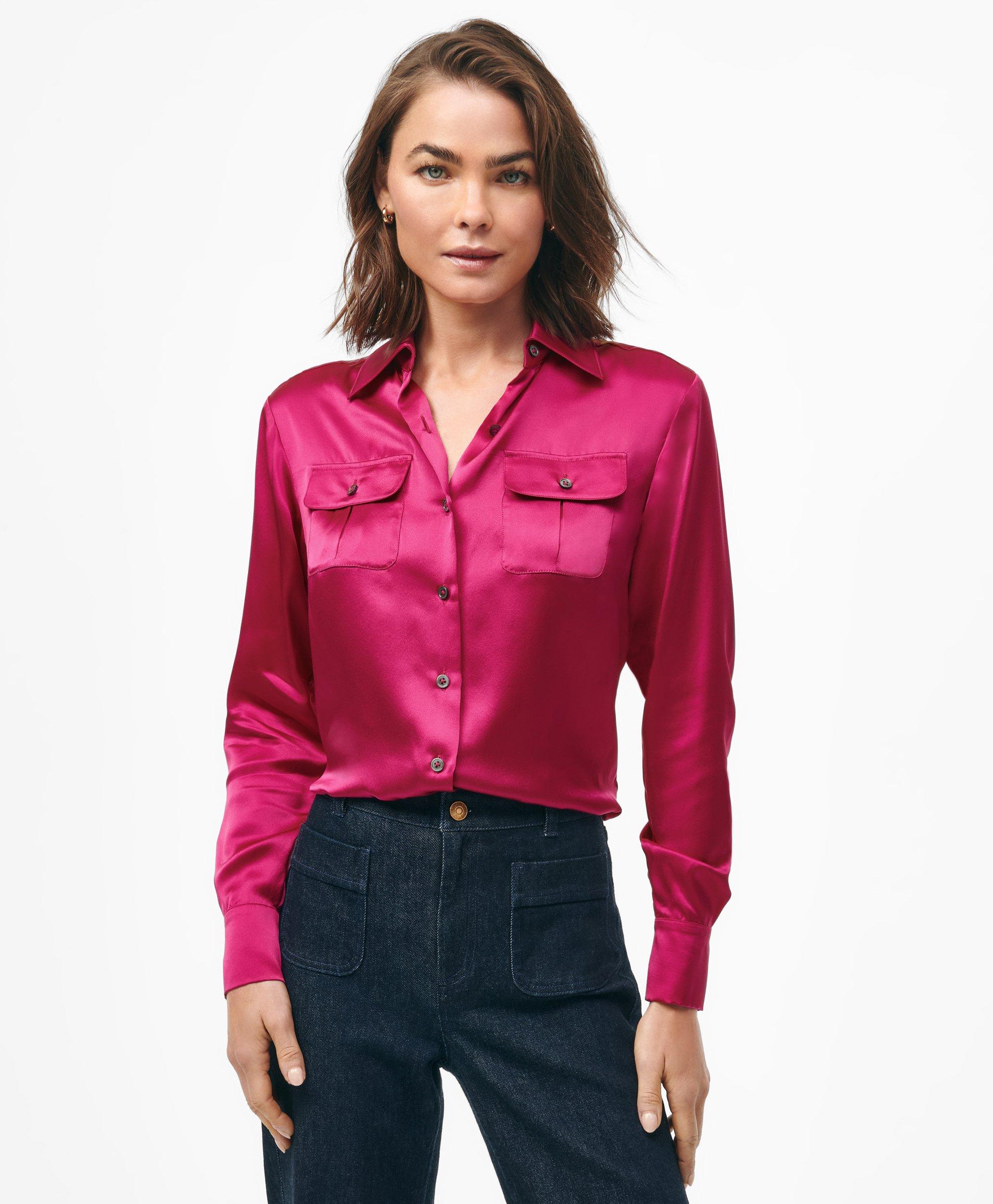 Brooks Brothers Relaxed Utility Blouse In Silk In Fuchsia