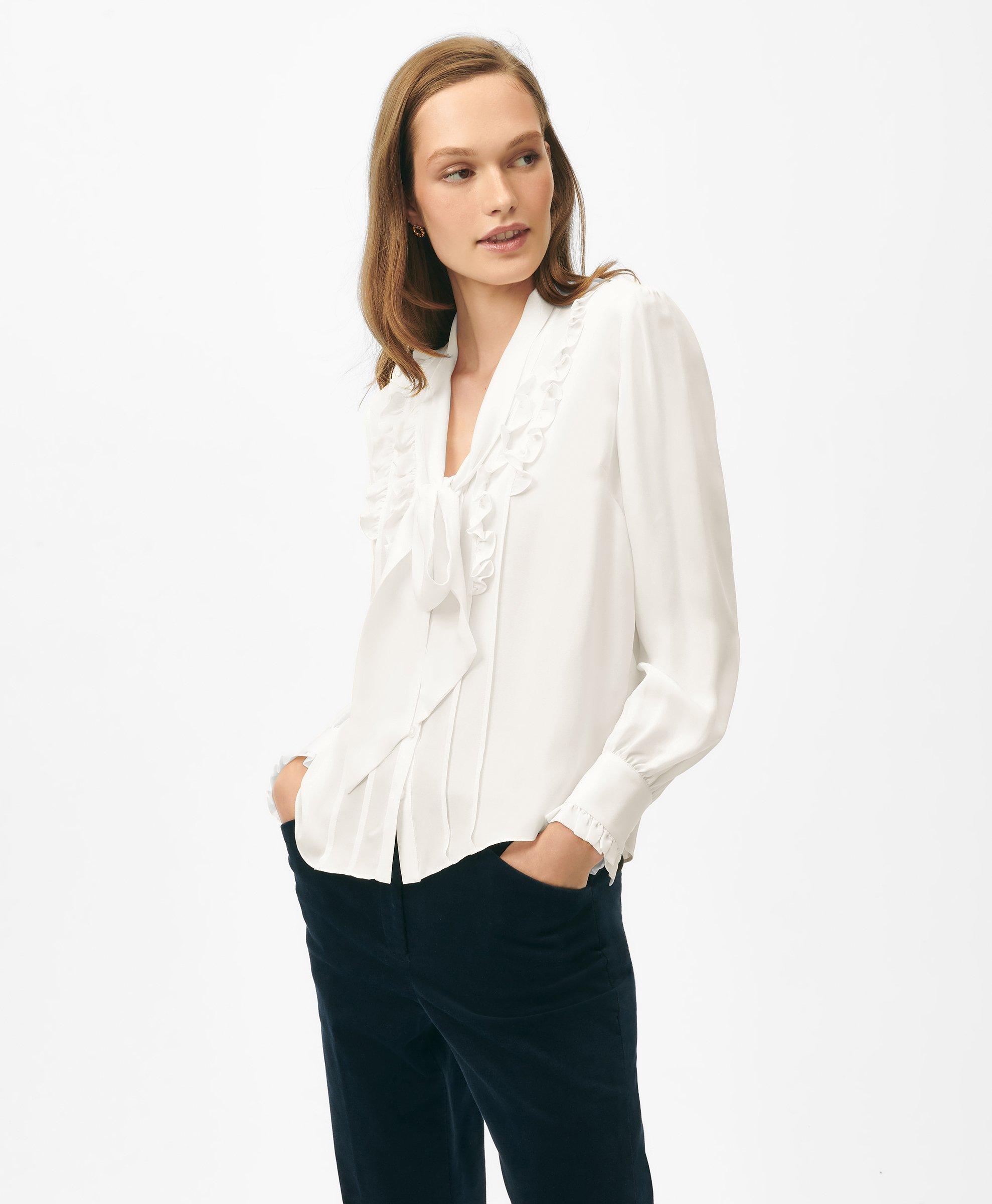 Brooks Brothers Ruffle Placket Tie-neck Blouse In Georgette Silk In White