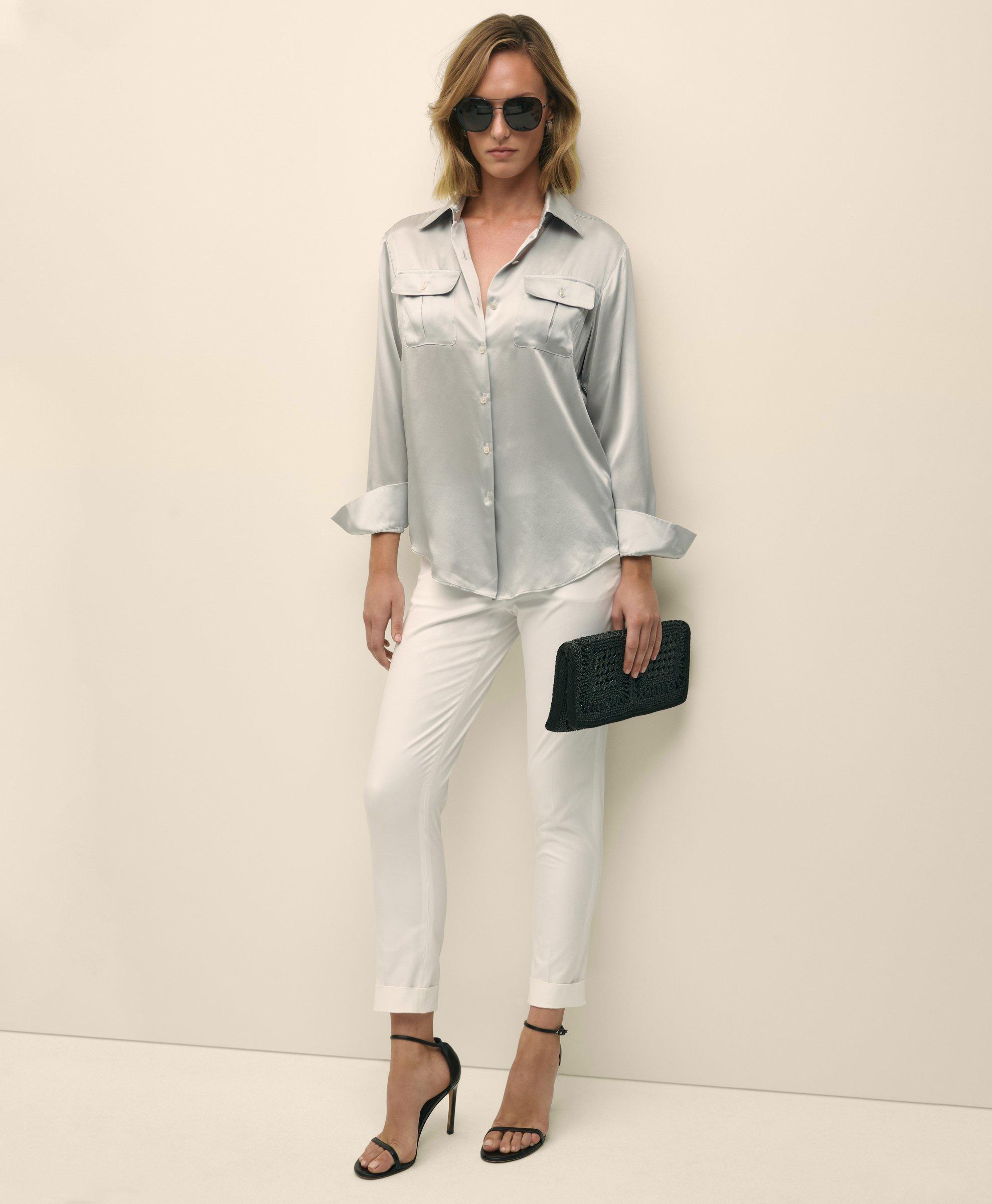 Brooks Brothers Relaxed Utility Blouse In Washable Silk In Light Grey