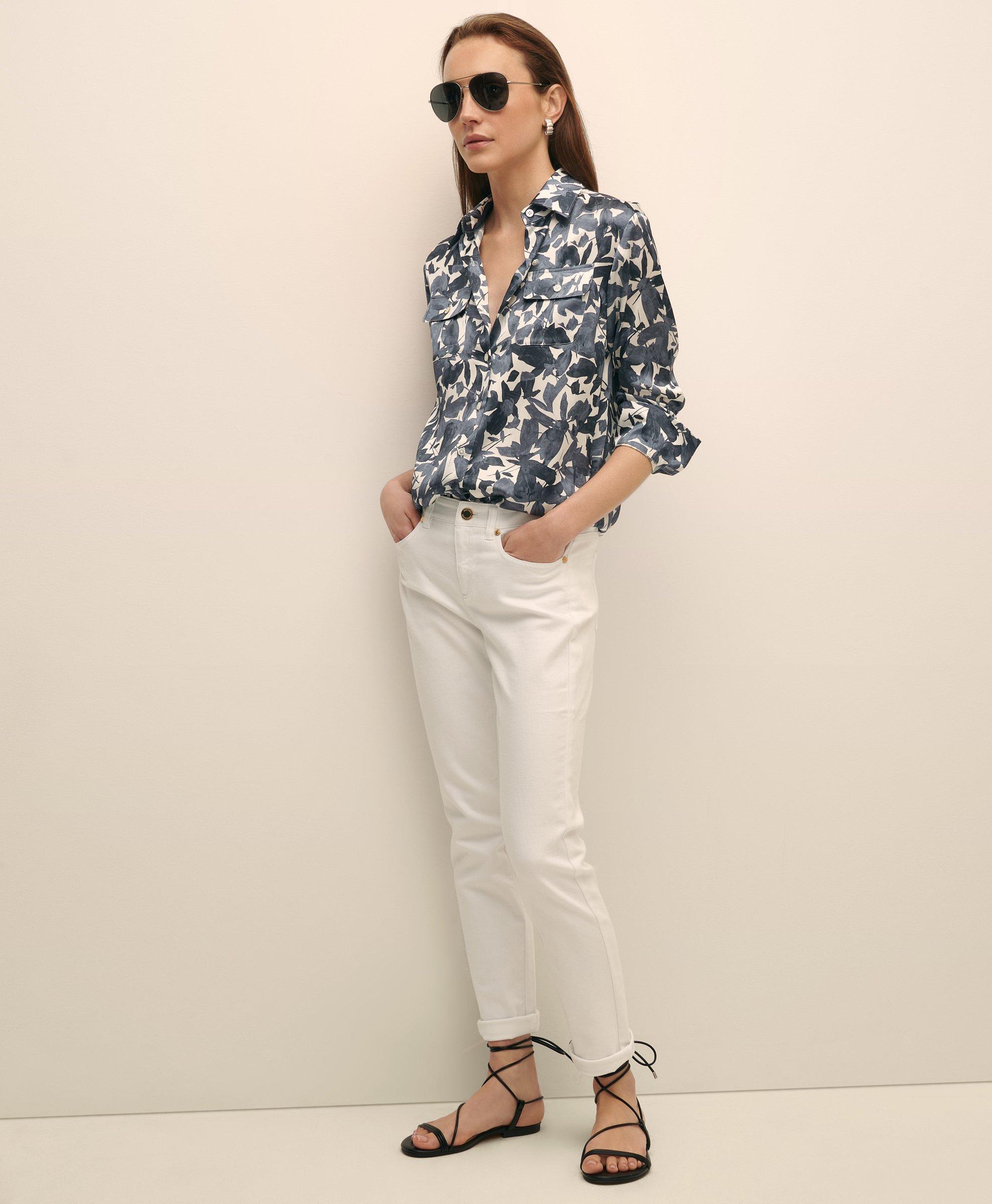 Brooks Brothers Floral Motif Utility Blouse In Washable Silk In Blue
