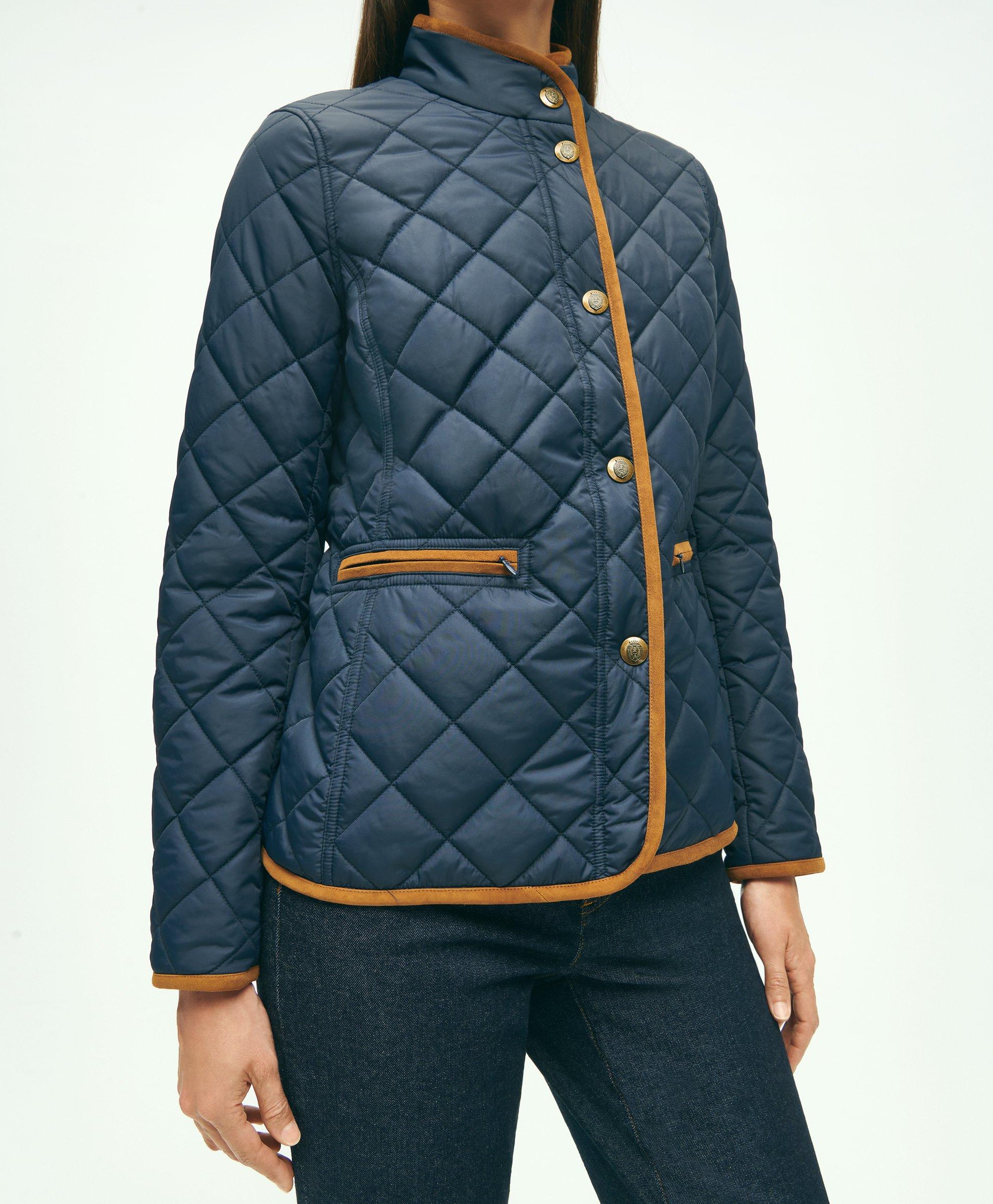 Women's padded jacket in dark blue nylon and black cotton corduroy