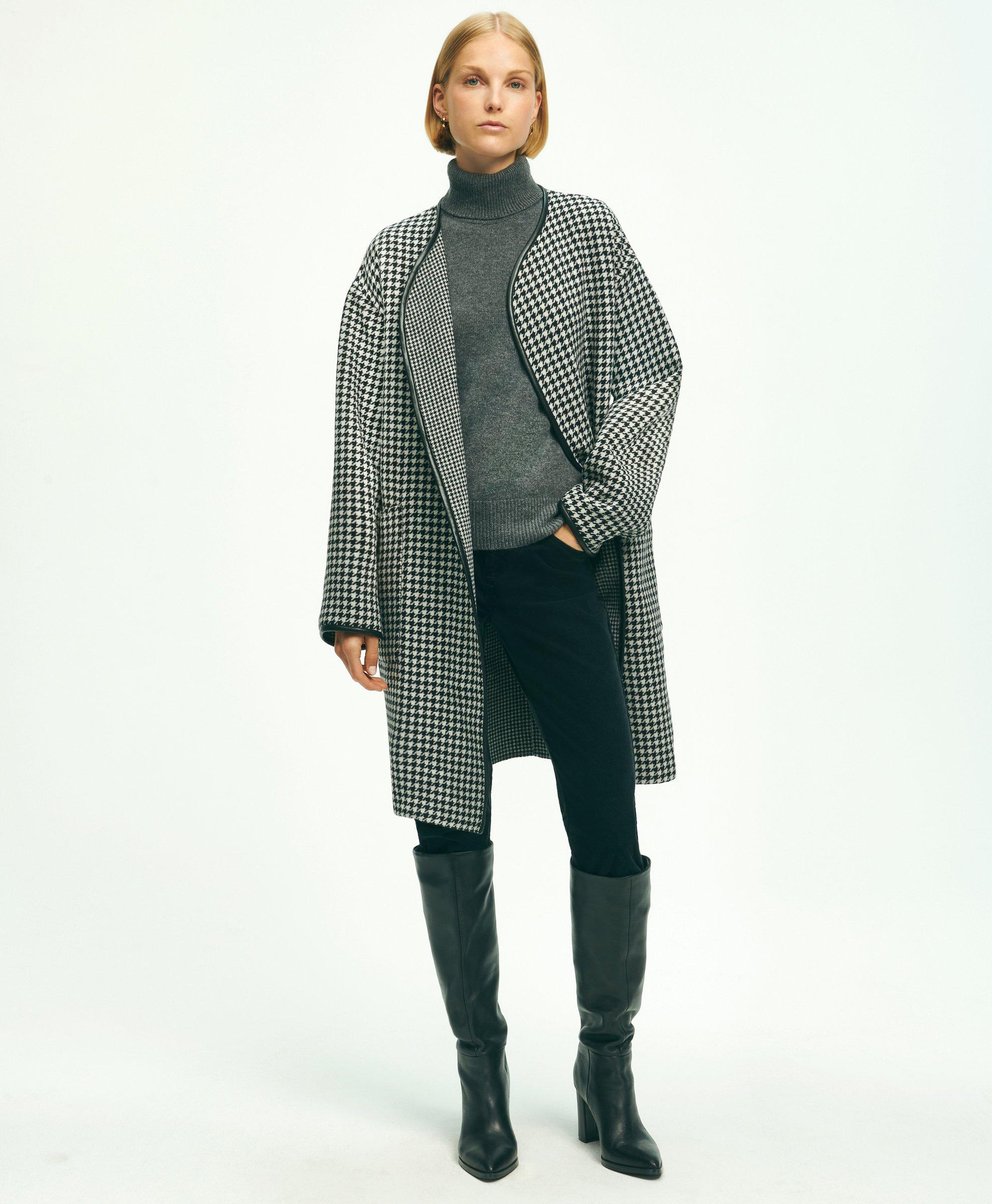 Reversible Wool Houndstooth Open Front Coat