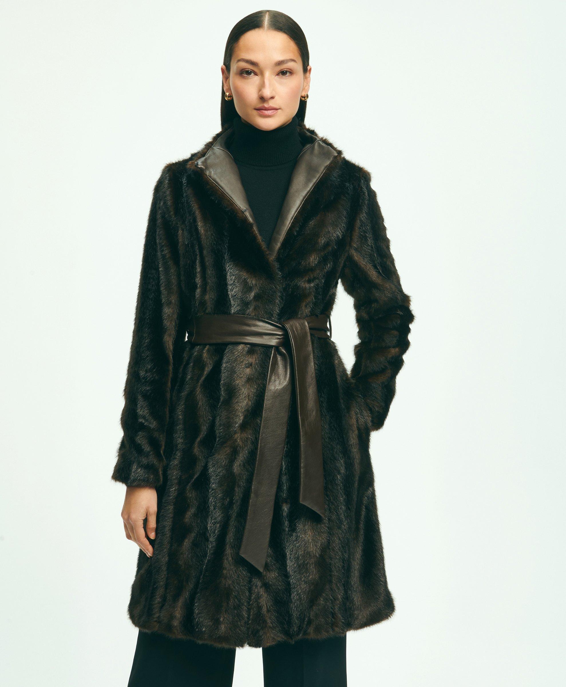 Faux Fur Belted Mock Neck Coat