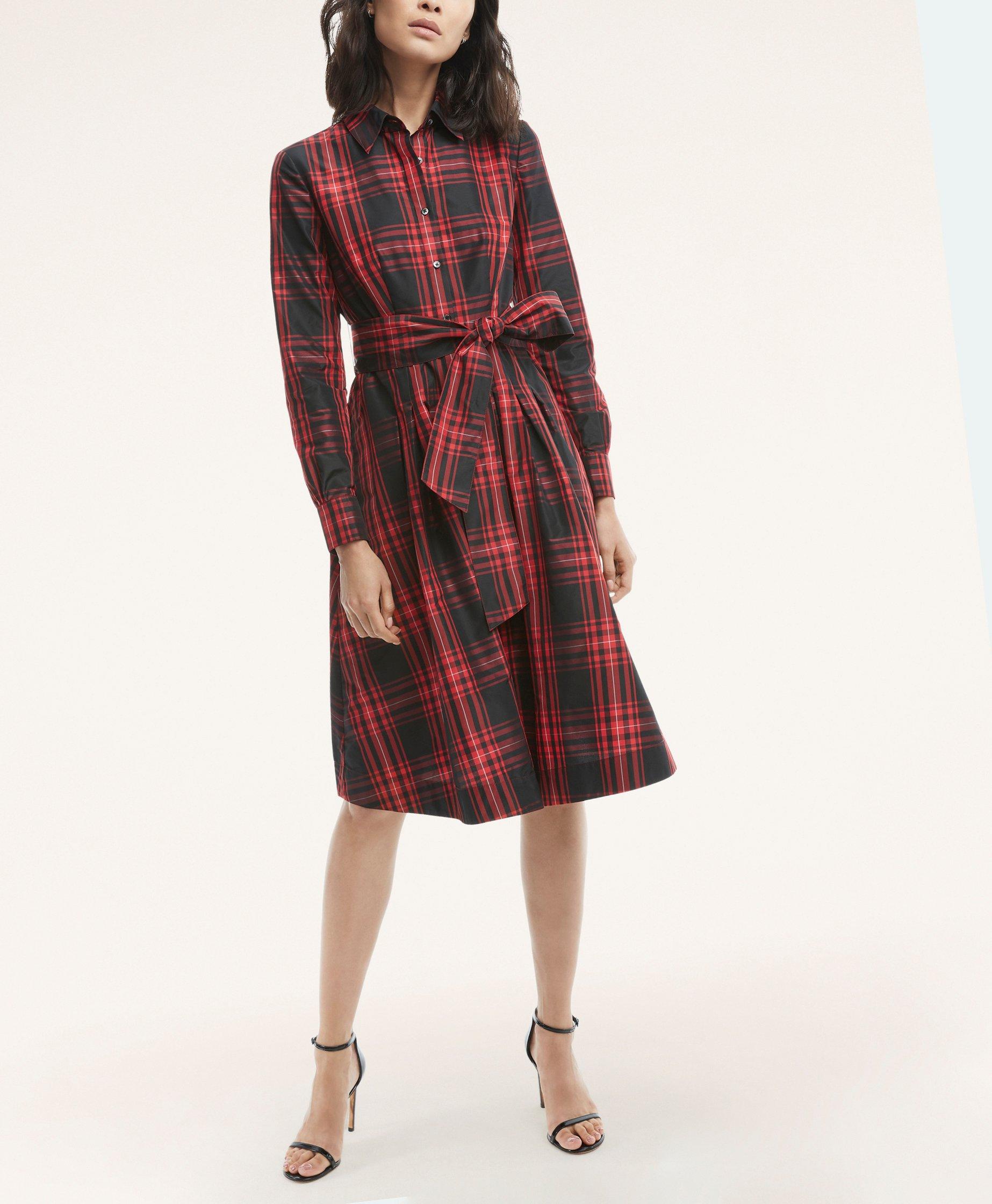 Taffeta Tartan Pleated Shirt Dress