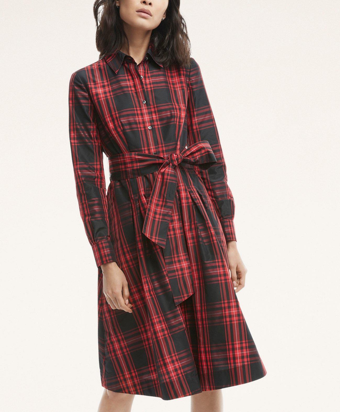 Taffeta Tartan Pleated Shirt Dress