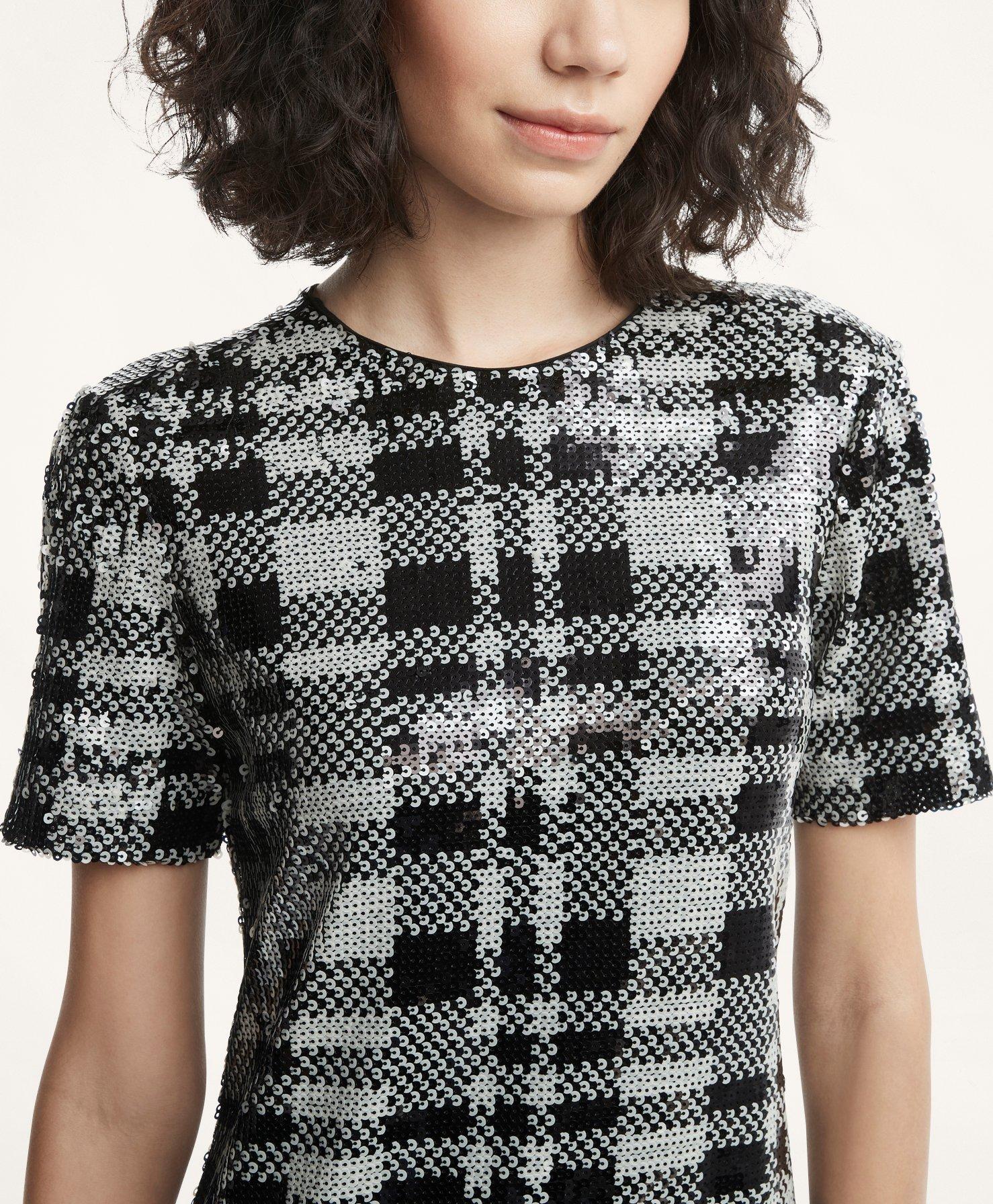 BLACK AND WHITE HOUNDSTOOTH SEQUIN OVERSIZED T-SHIRT DRESS