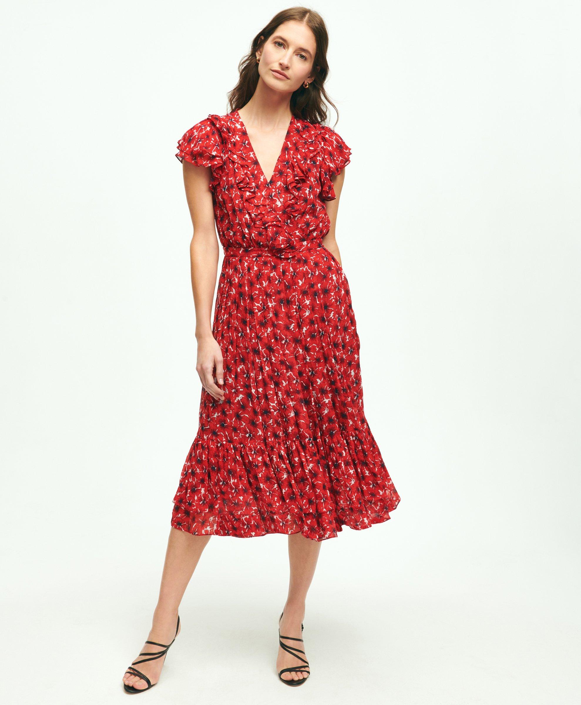 Stretch Cotton Belted Poppy Border Sheath Dress