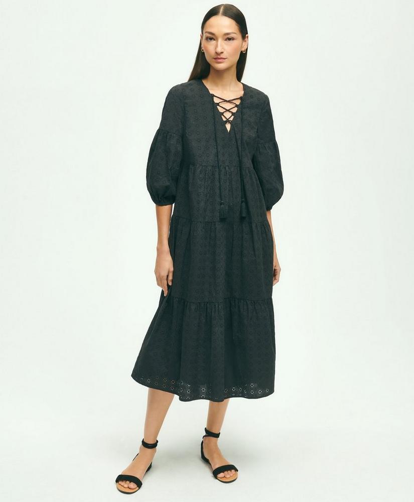 Cotton Tiered Eyelet Tie Neck Dress, image 1