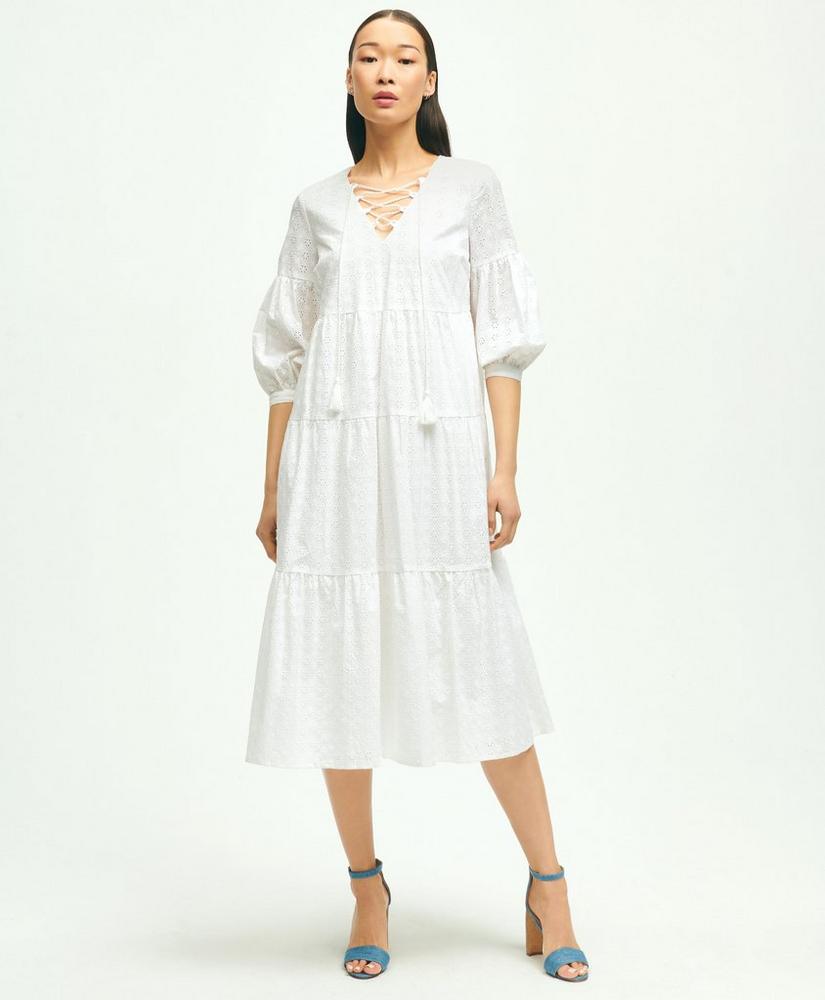Cotton Tiered Eyelet Tie Neck Dress, image 1