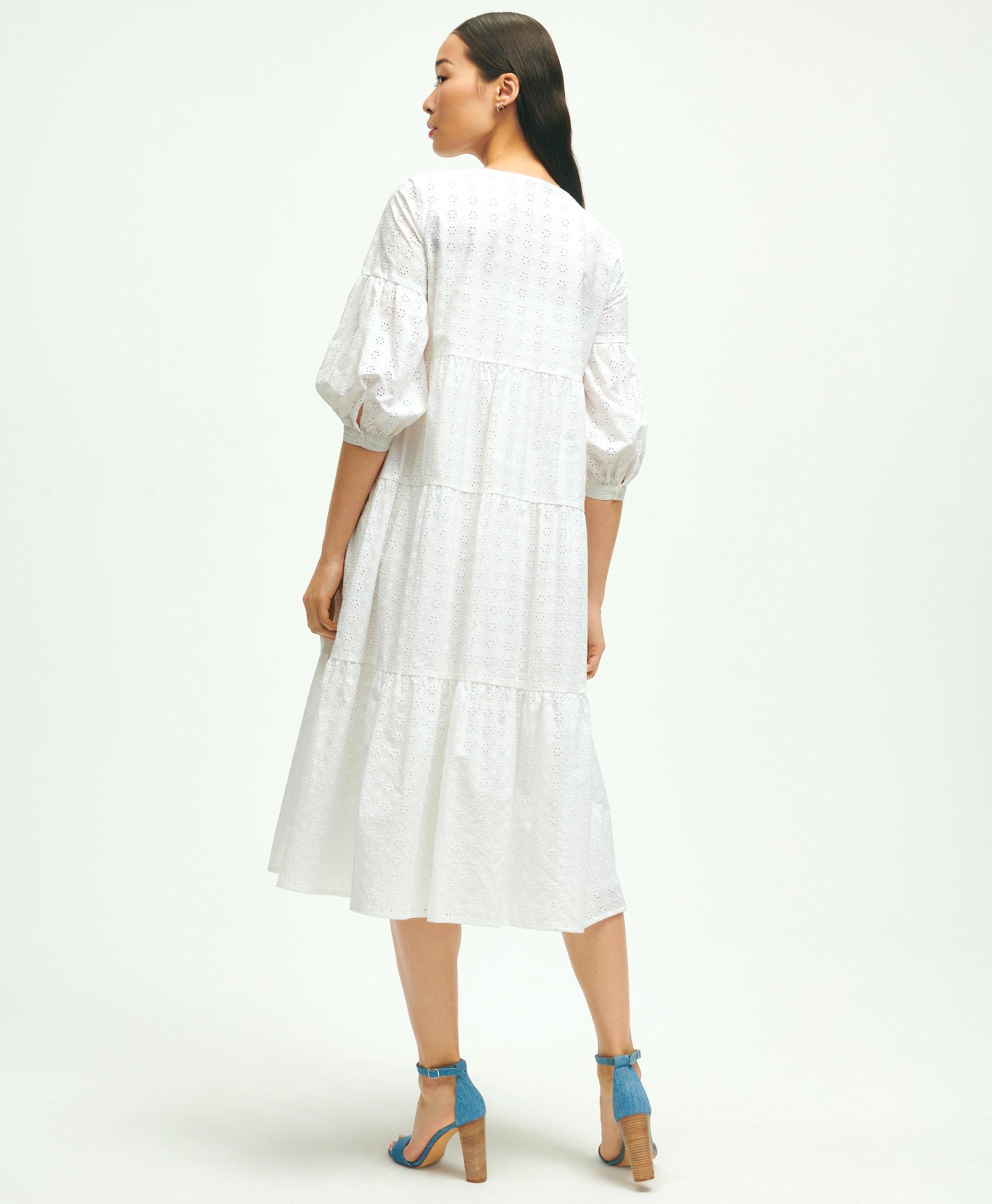 Cotton Tiered Eyelet Tie Neck Dress