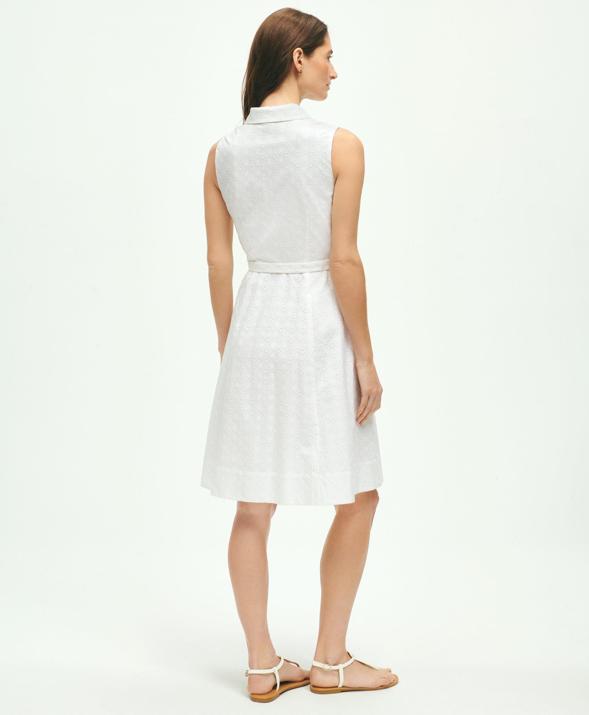 Sleeveless Cotton Eyelet Belted Shirt Dress