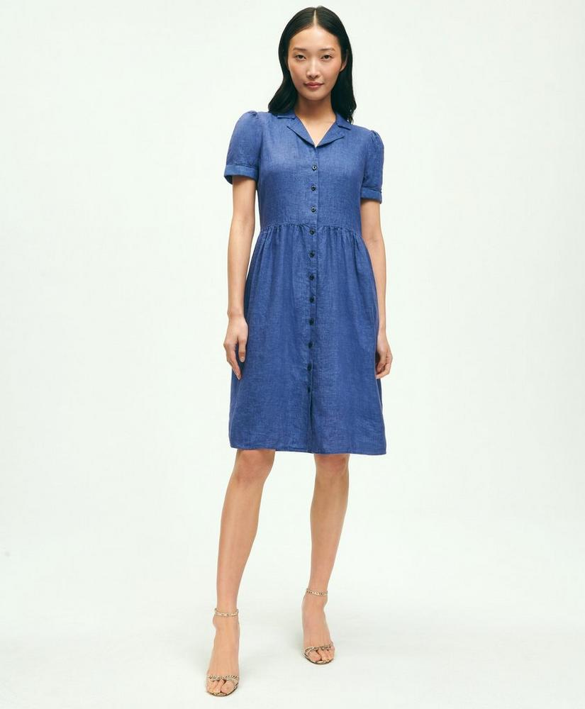 Linen Shirred-Waist Relaxed Shirt Dress, image 1