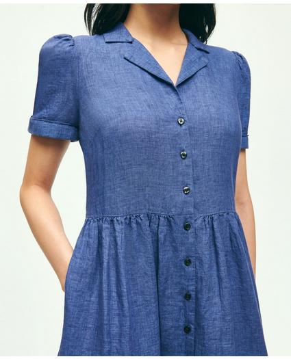 Linen Shirred-Waist Relaxed Shirt Dress, image 2