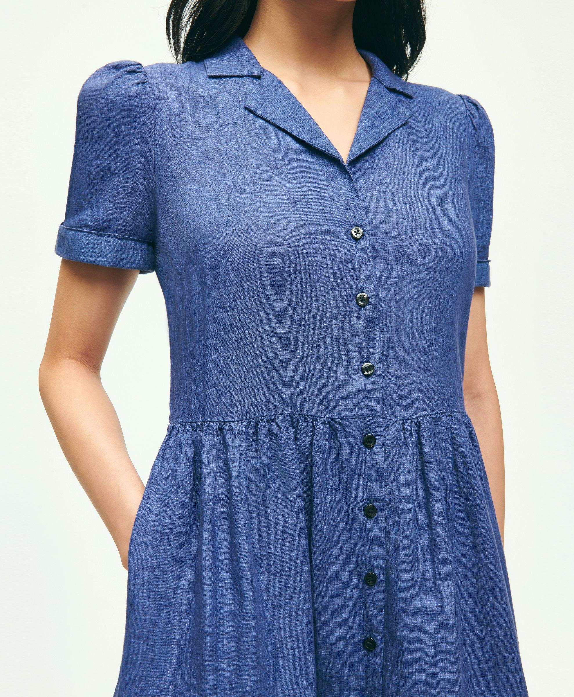 Linen Shirred-Waist Relaxed Shirt Dress