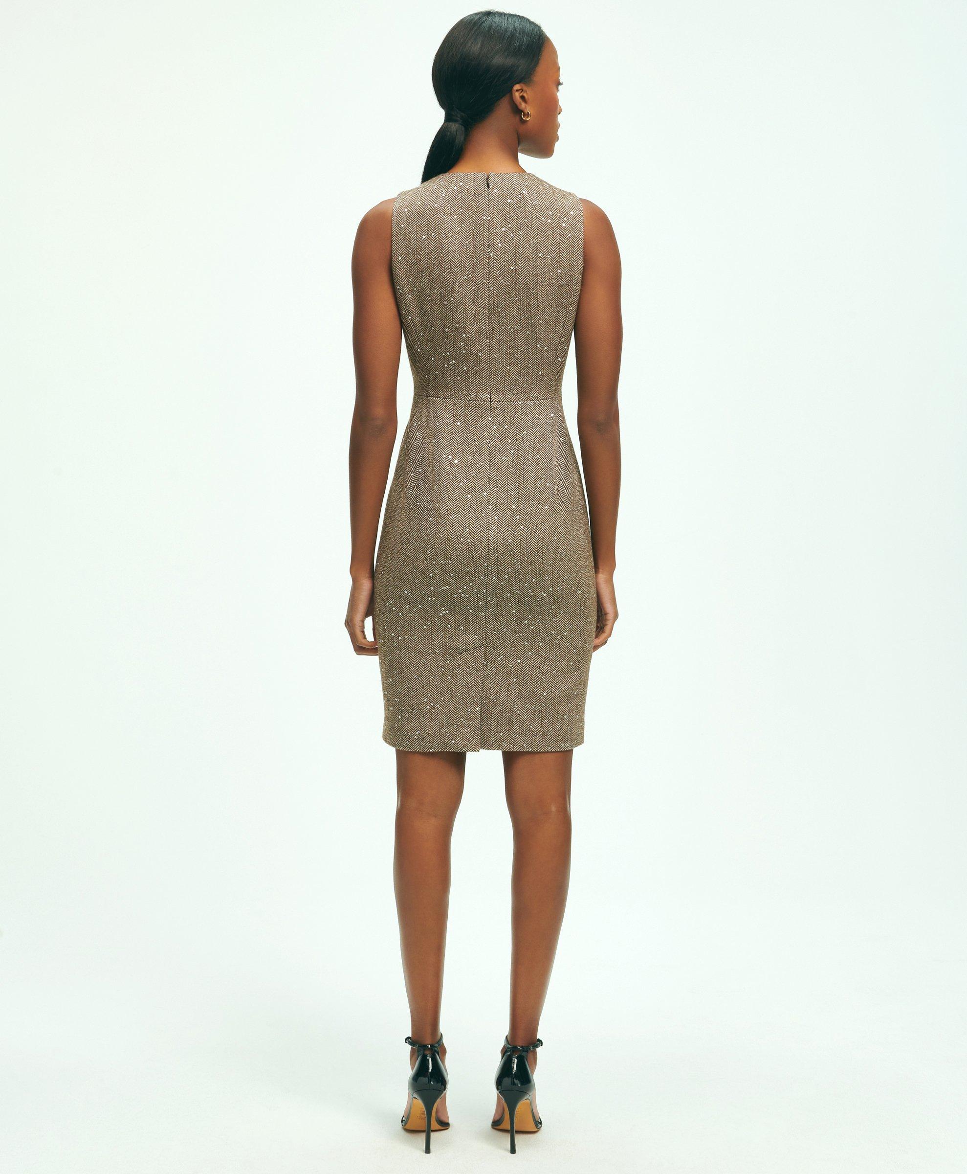 Wool-Blend Sequined Herringbone Shift Dress