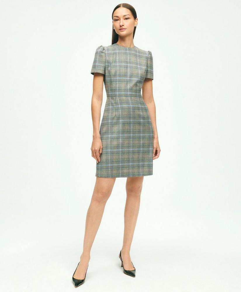 Short-Sleeve Stretch Wool Prince of Wales A-Line Dress, image 1