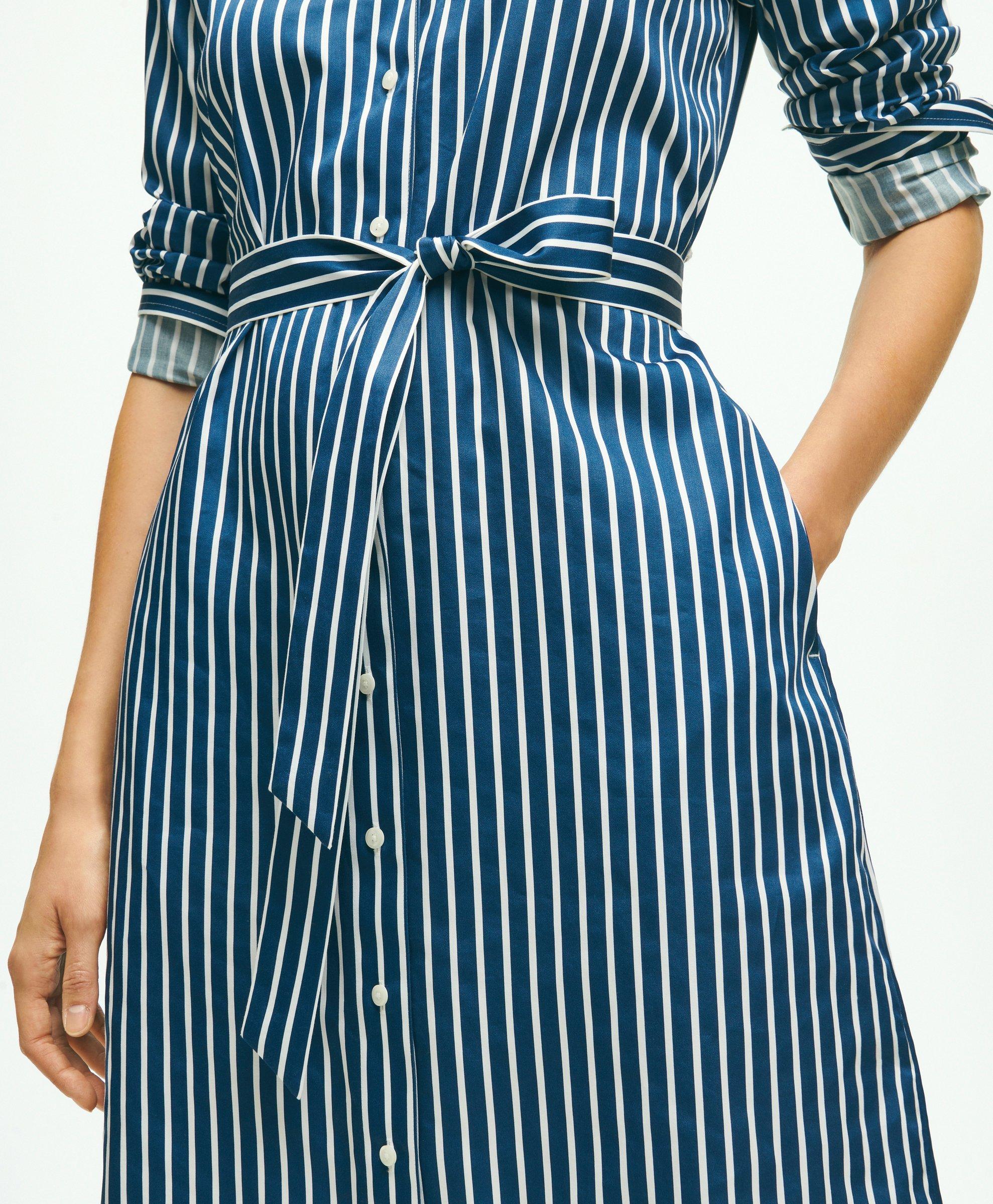 ZARA NEW WOMAN BELTED LINEN BLEND STRIPED MIDI DRESS BLUE / WHITE