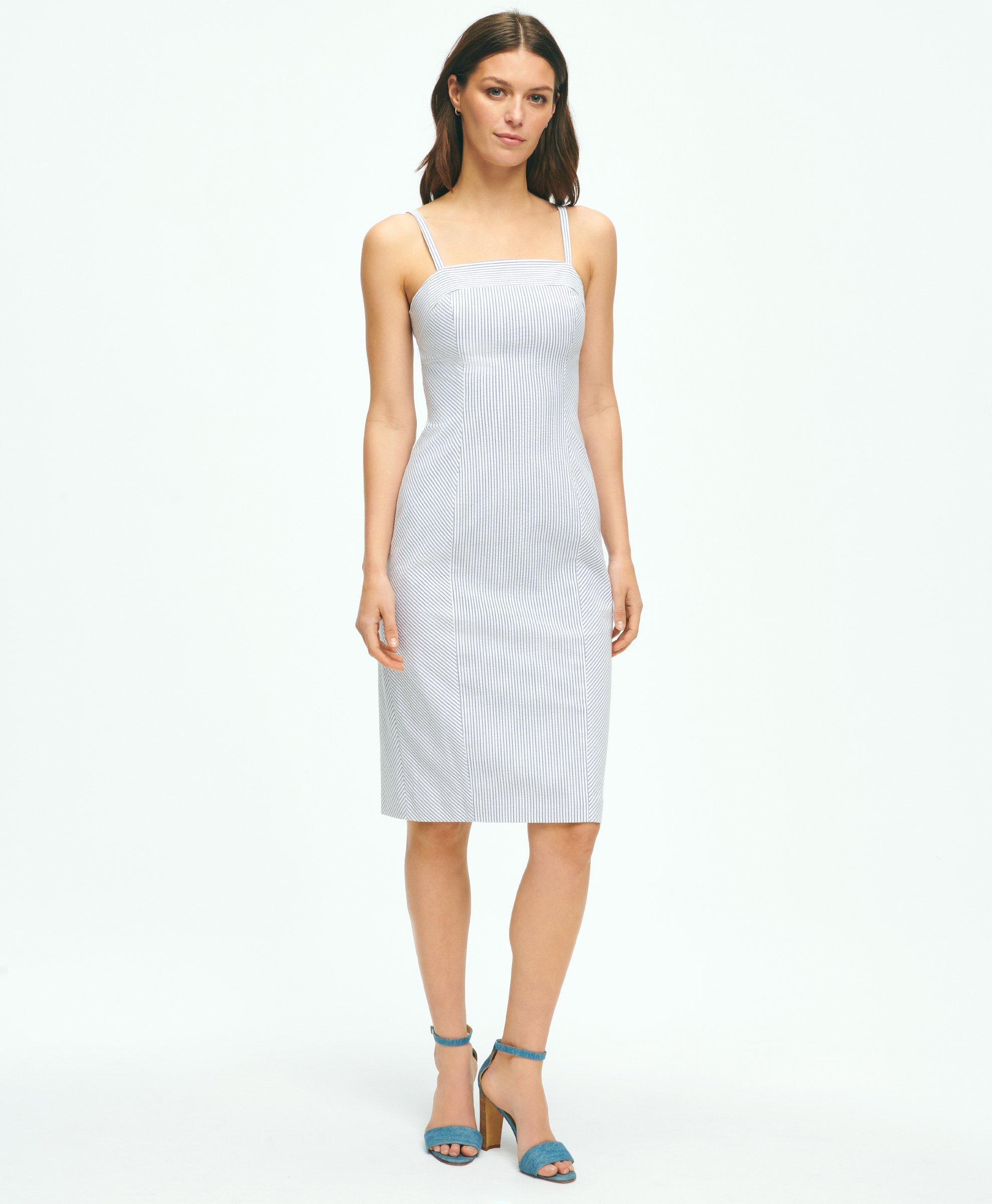 Bias-Cut Sheath Dress In Striped Seersucker Cotton Blend