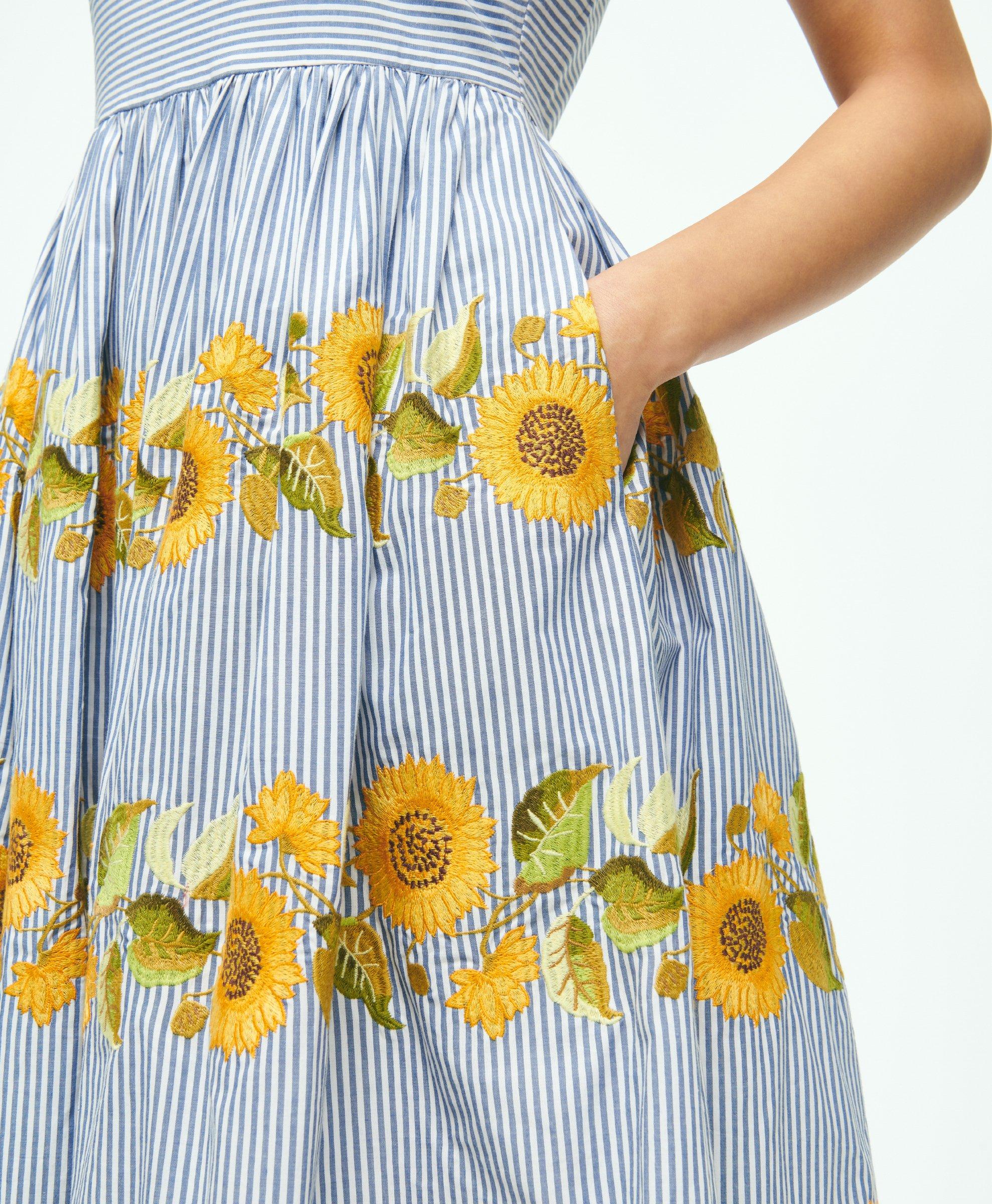 Sunflower Embroidered Striped Fit-And-Flare Dress In Cotton