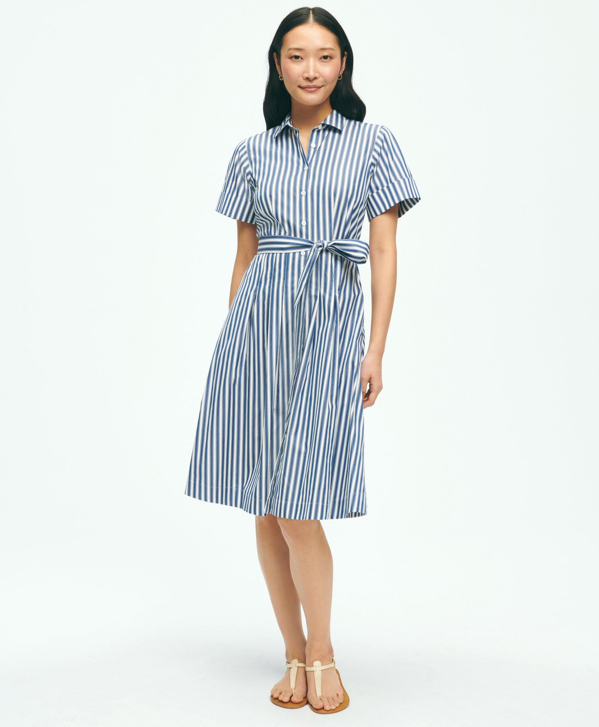 Striped Belted Shirt Dress In Cotton