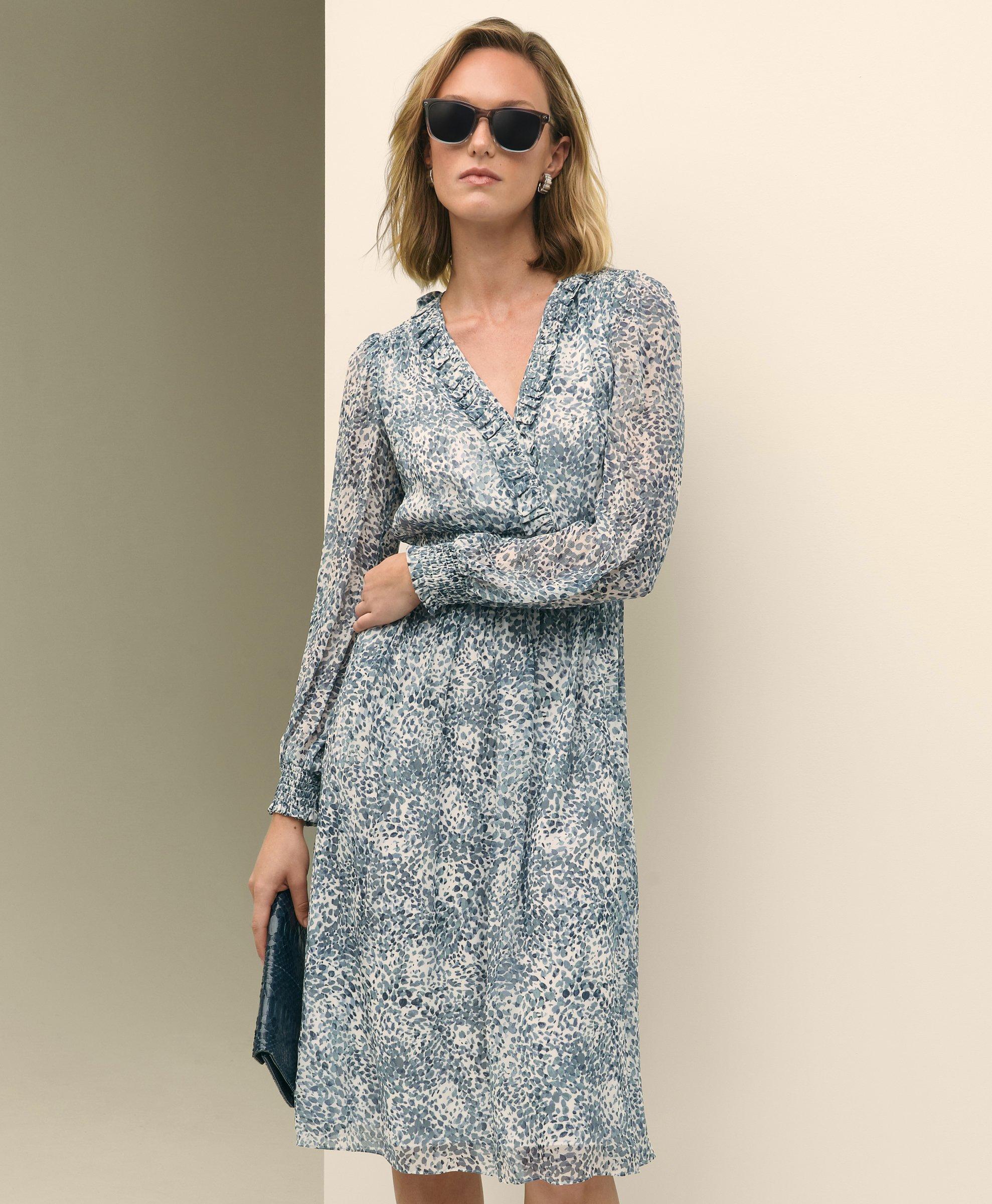 Brooks Brothers Chiffon Abstract Print Dress In Blue