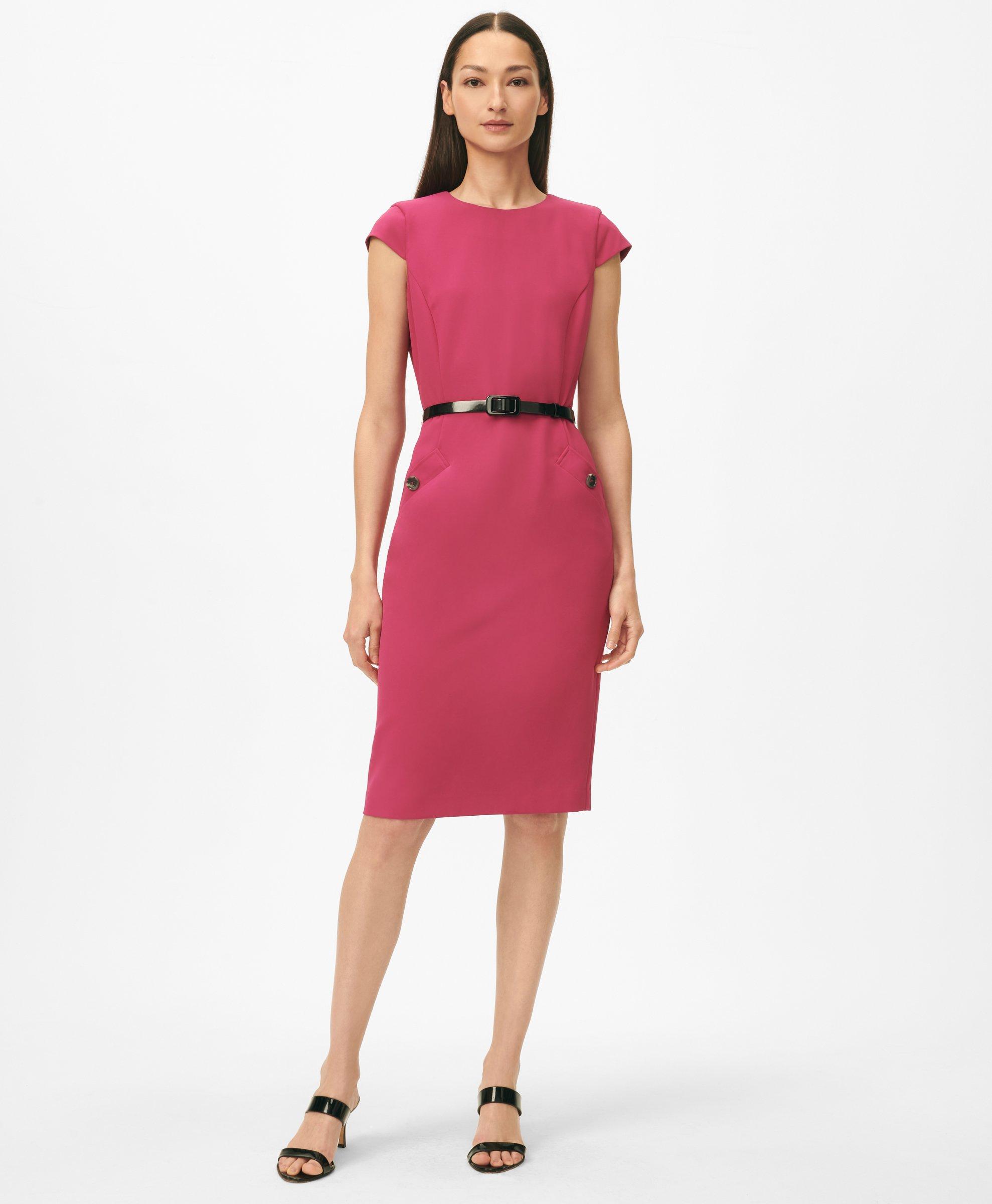 Brooks Brothers Cap Sleeve Belted Welt-pocket Dress In Fine Twill Stretch Crepe In Fuchsia