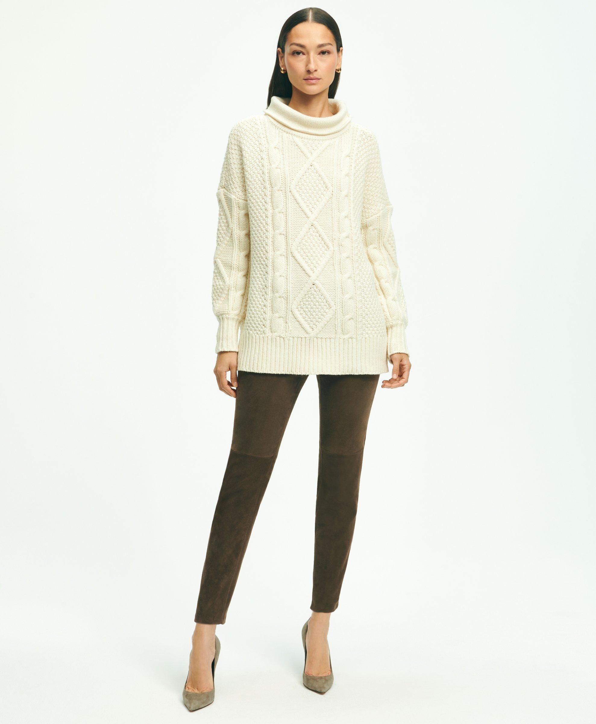 Oversize Merino Wool Mock Neck Aran Knit Sweater