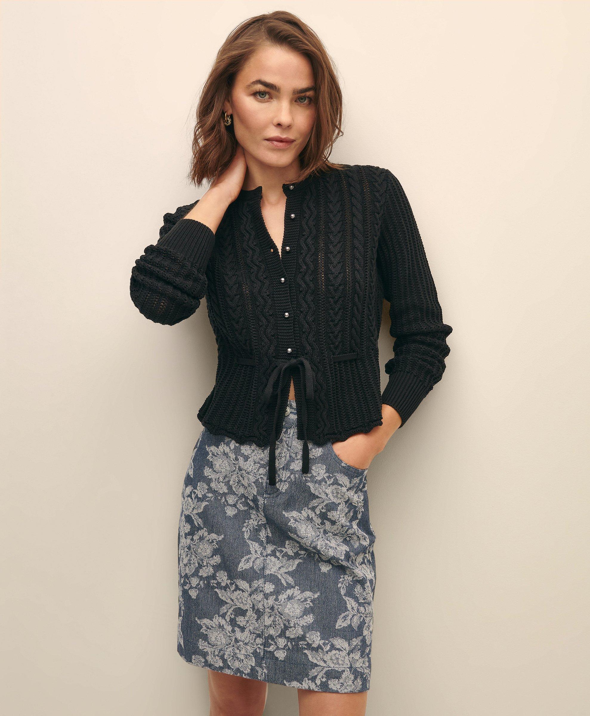 Brooks Brothers Mercerized Cotton Crochet Peplum Cardigan Sweater In Black