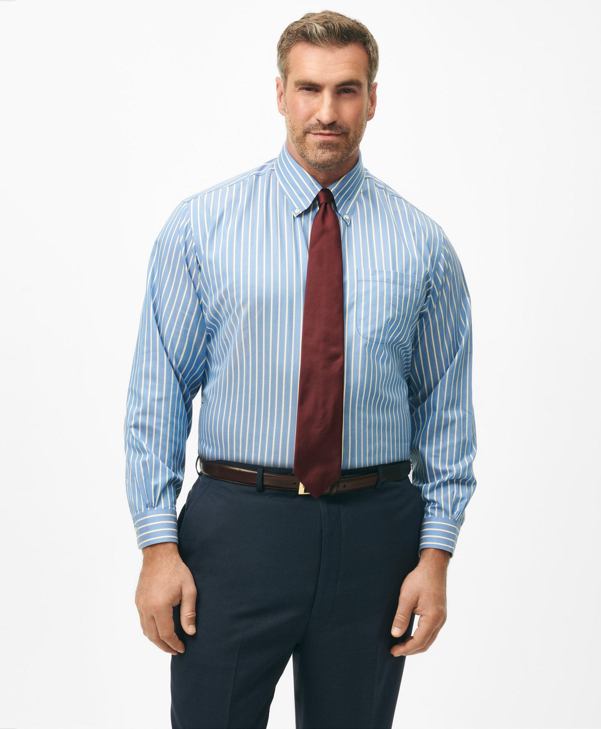 Brooks Brothers Big & Tall Stretch Supima Cotton Non-iron Twill Polo Button Down Collar, Ground Stripe Dress Shirt In Blue