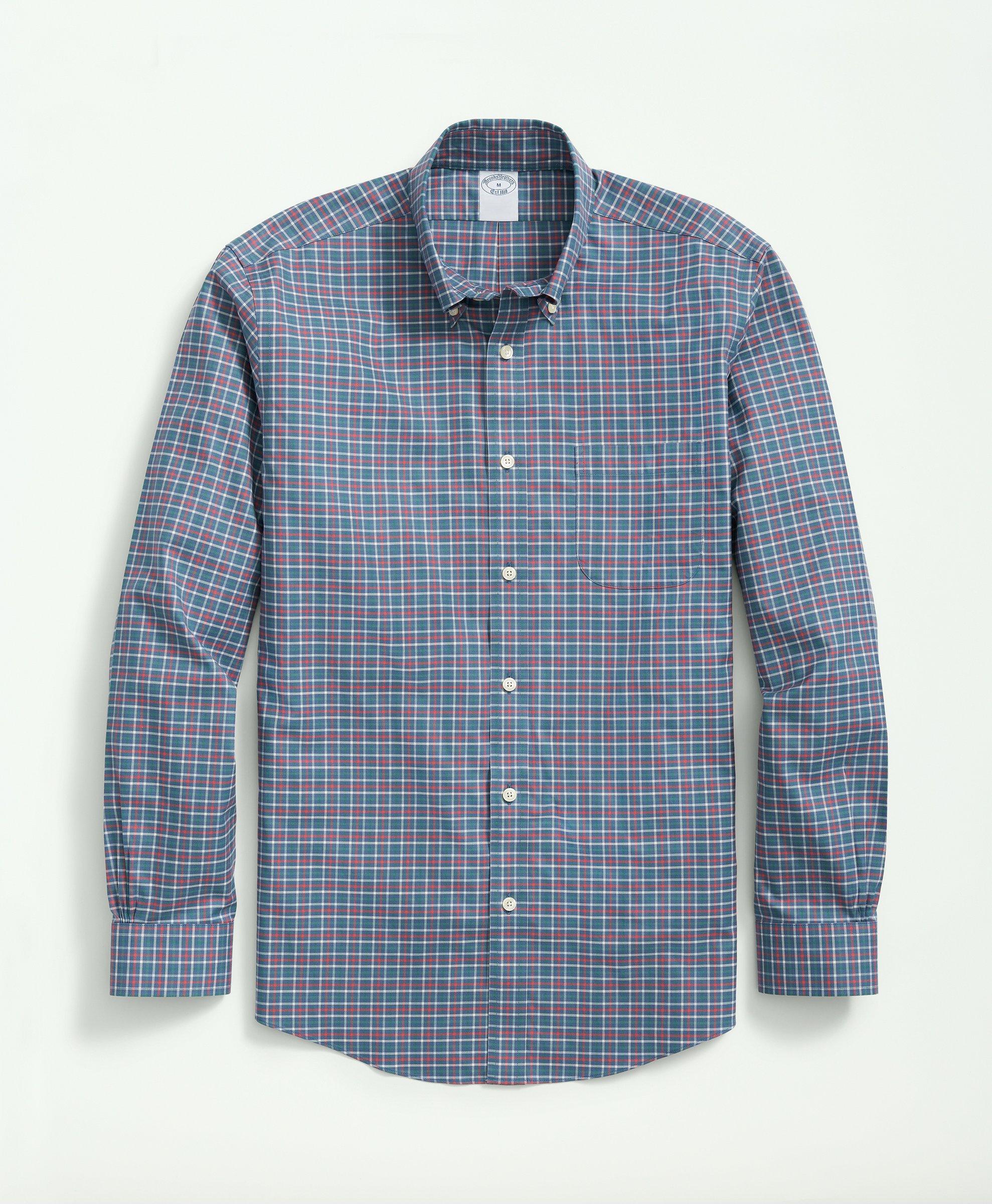 Big & Tall Stretch Supima® Cotton Non-Iron Twill Polo Button Down Collar, Mini Checked Shirt, image 1